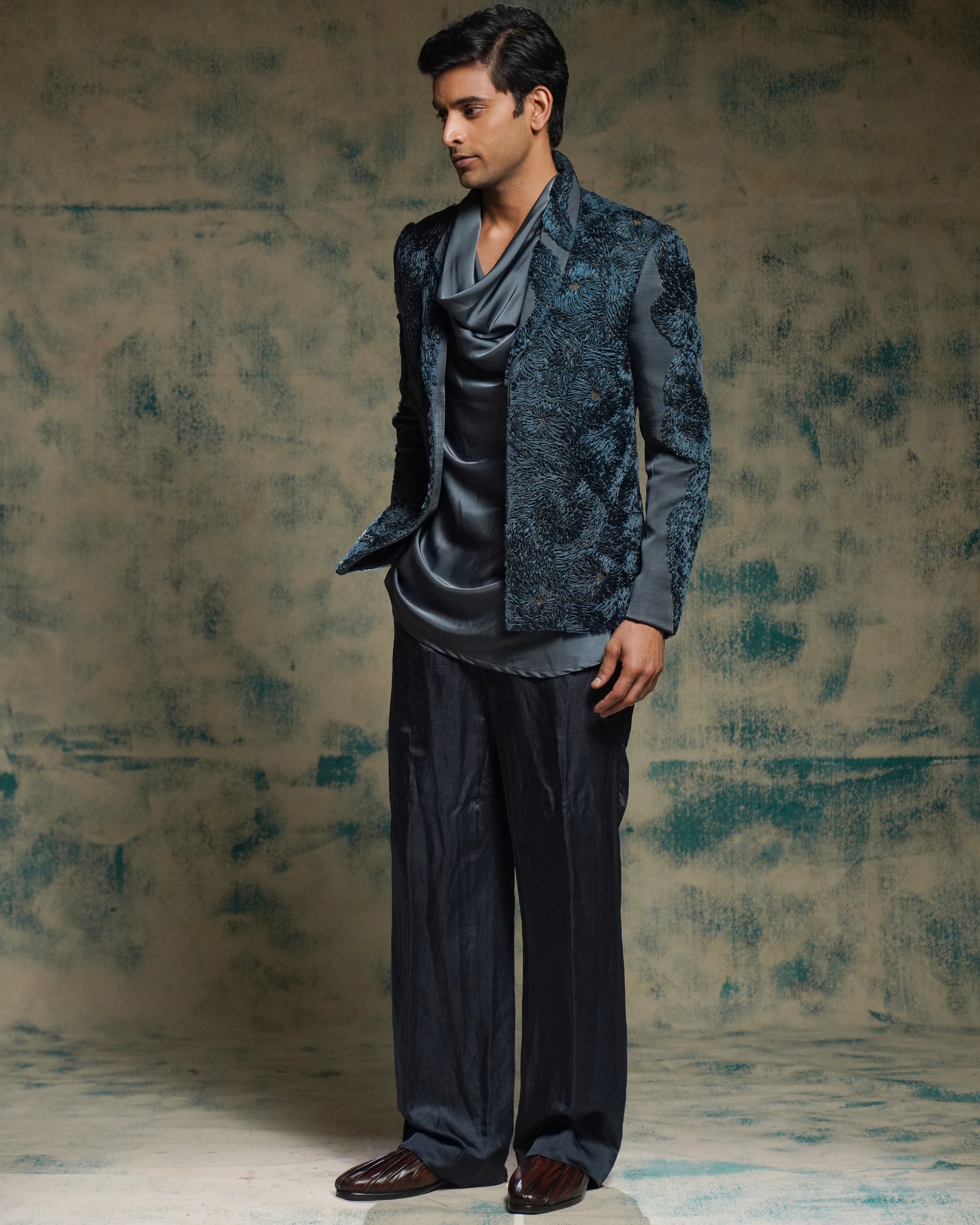 Charcoal Blue Hand Embroidered Short Jacket Set