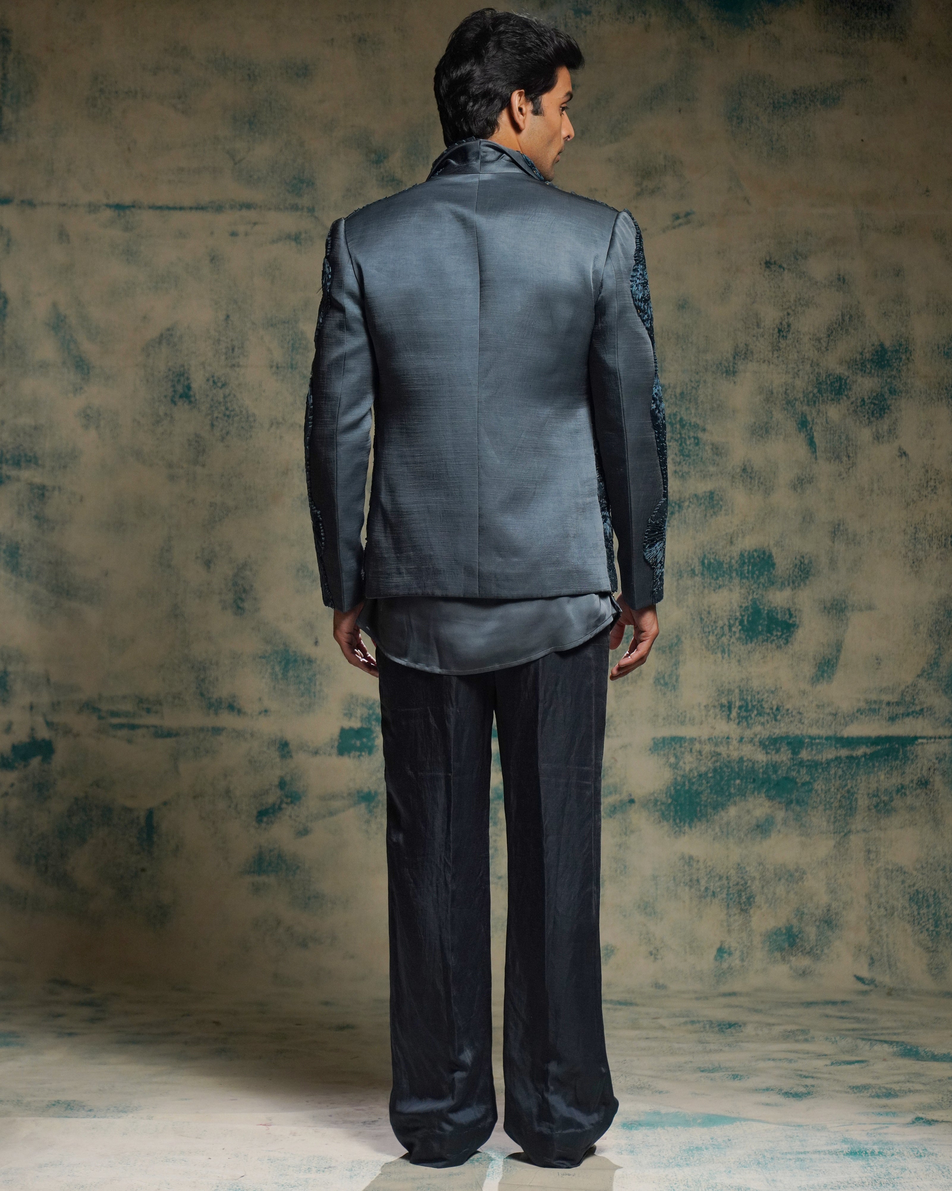 Charcoal Blue Hand Embroidered Short Jacket Set