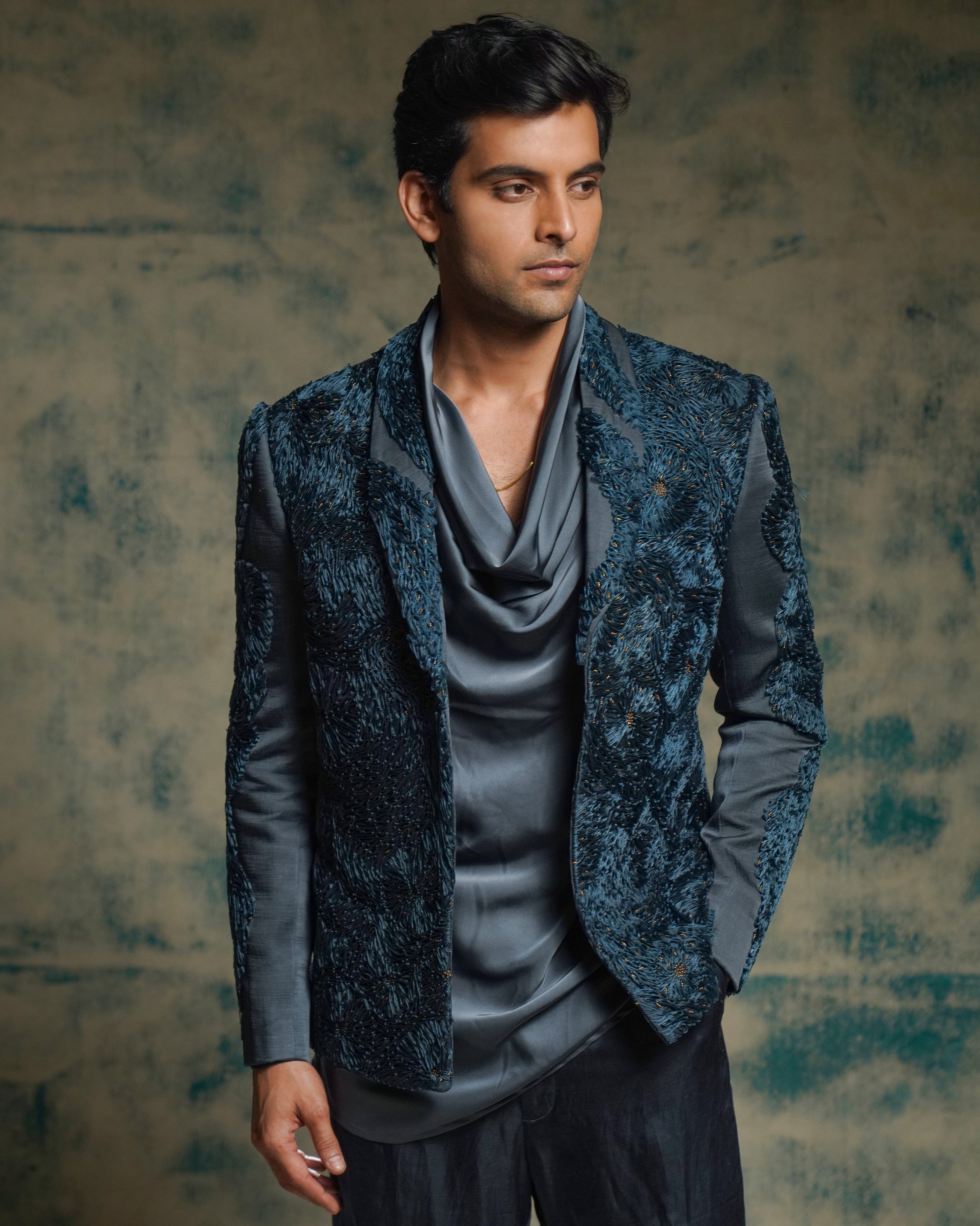 Charcoal Blue Hand Embroidered Short Jacket Set