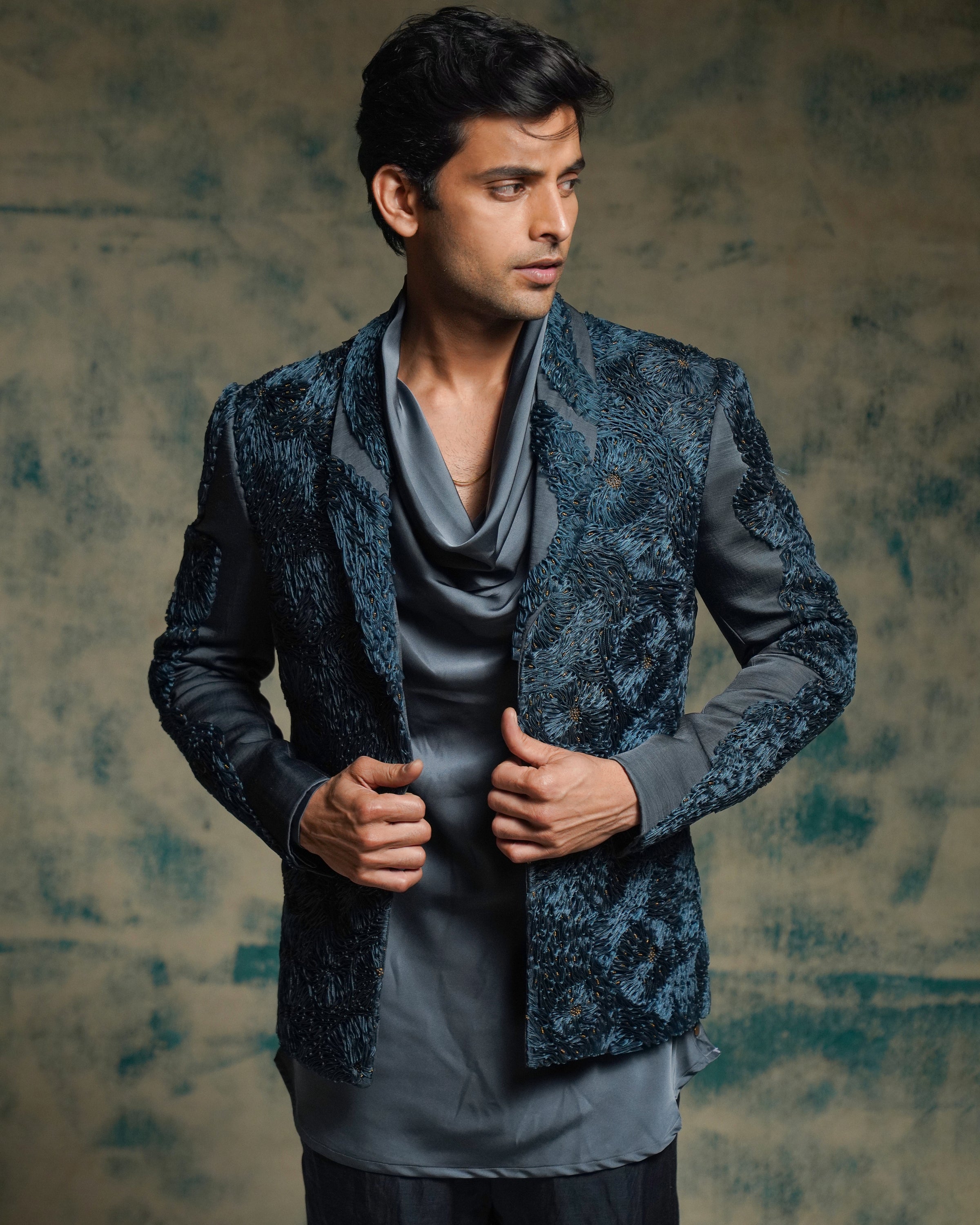 Charcoal Blue Hand Embroidered Short Jacket Set