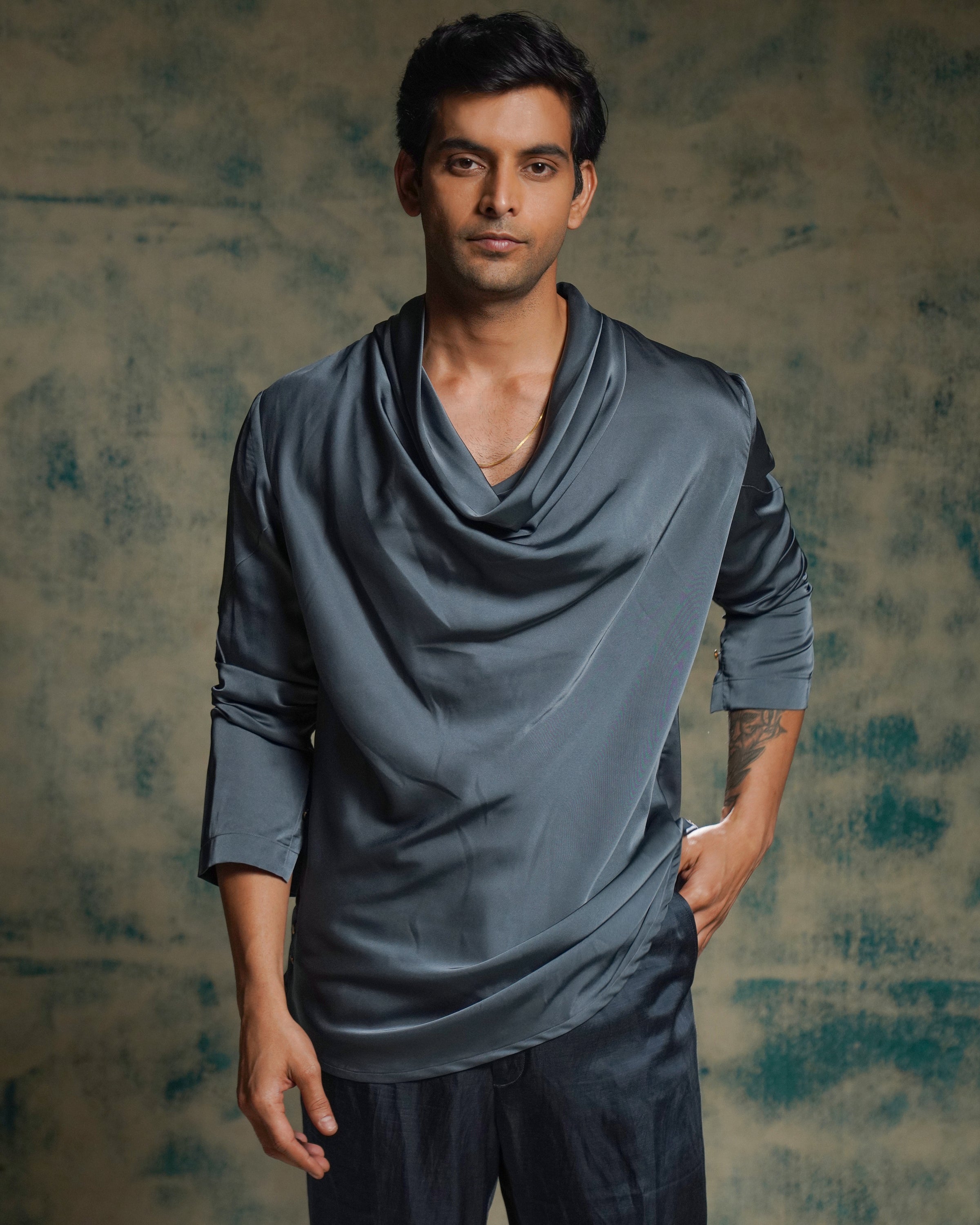 Charcoal Blue Hand Embroidered Short Jacket Set