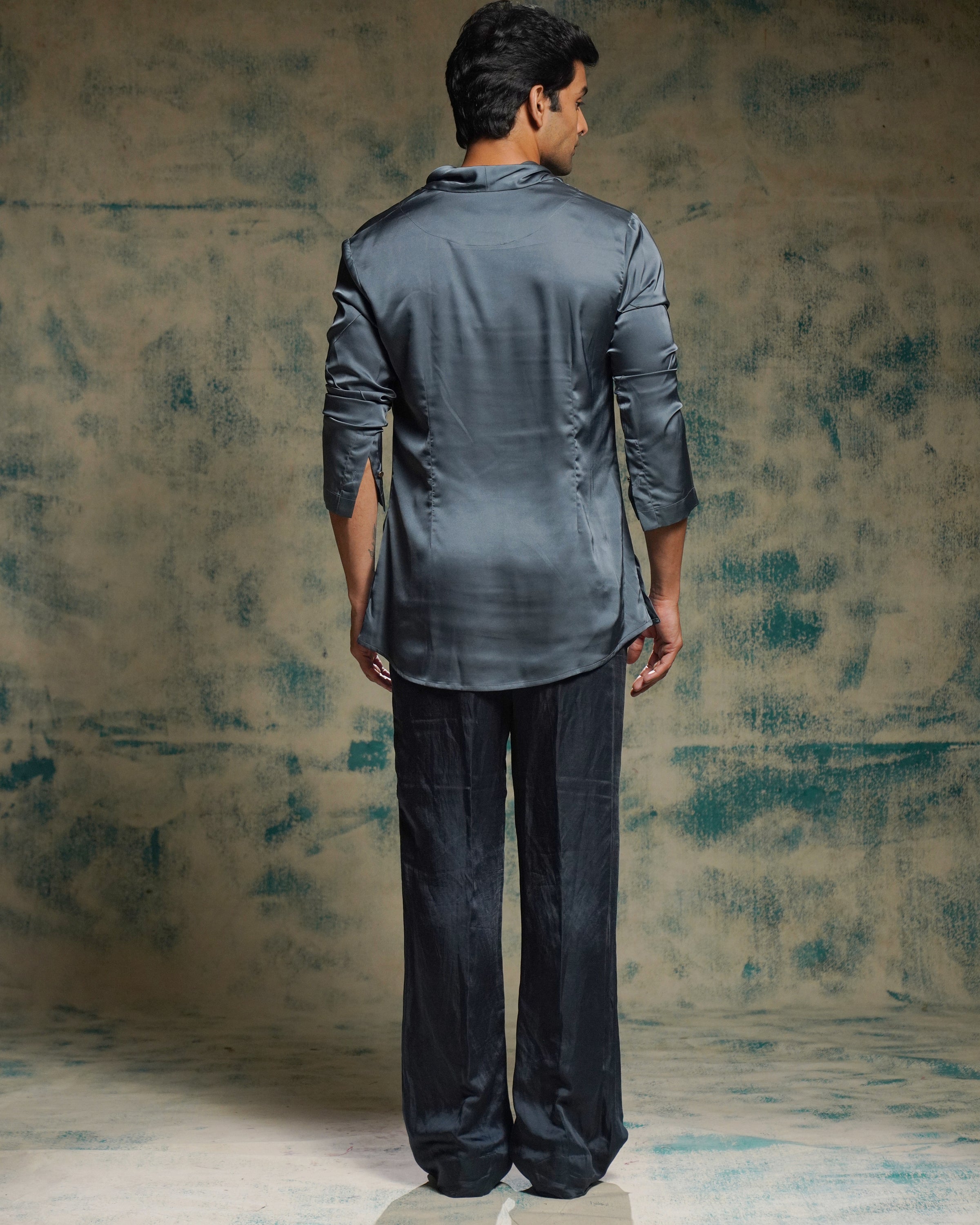 Charcoal Blue Hand Embroidered Short Jacket Set