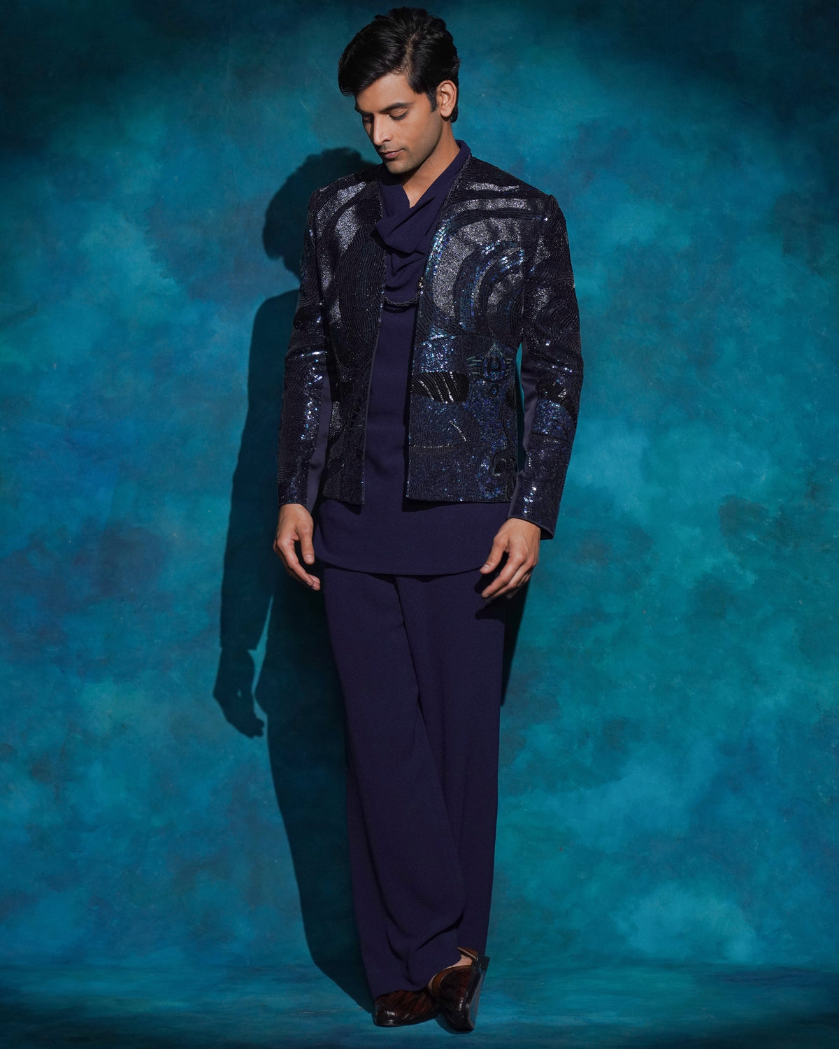 Midnight Blue Hand Embroidered Blue Sequened Short Jacket Set