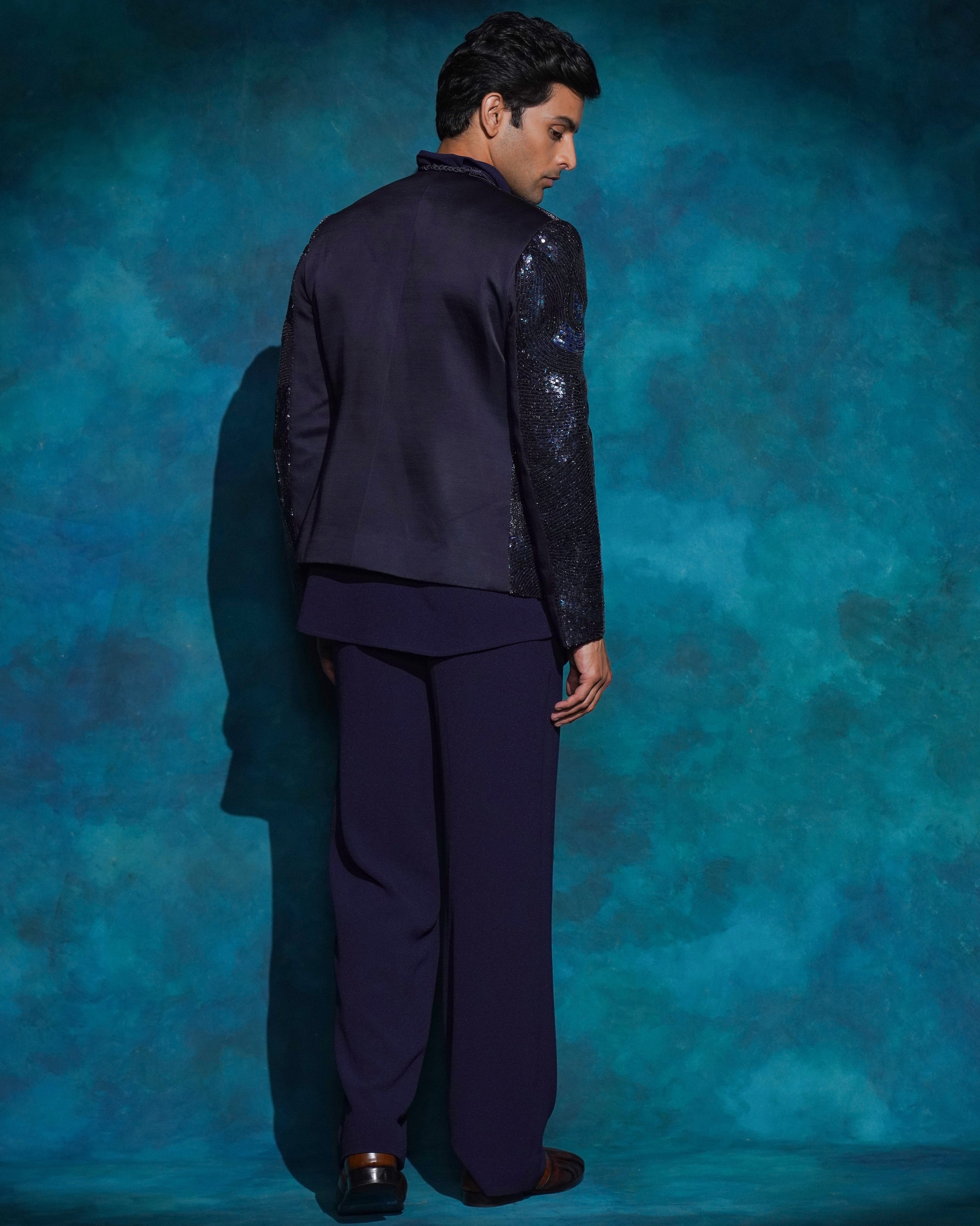 Midnight Blue Hand Embroidered Blue Sequened Short Jacket Set