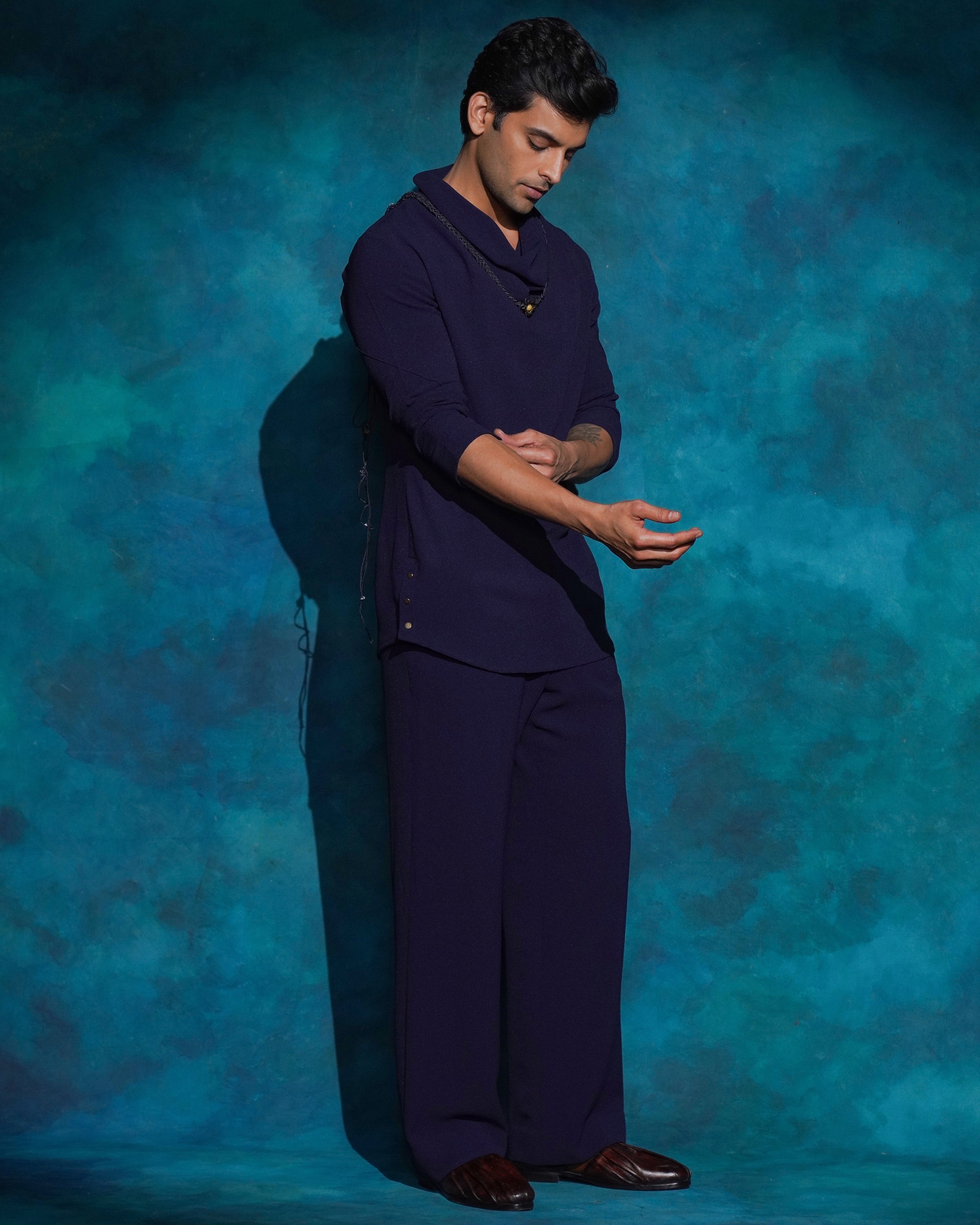 Midnight Blue Hand Embroidered Blue Sequened Short Jacket Set