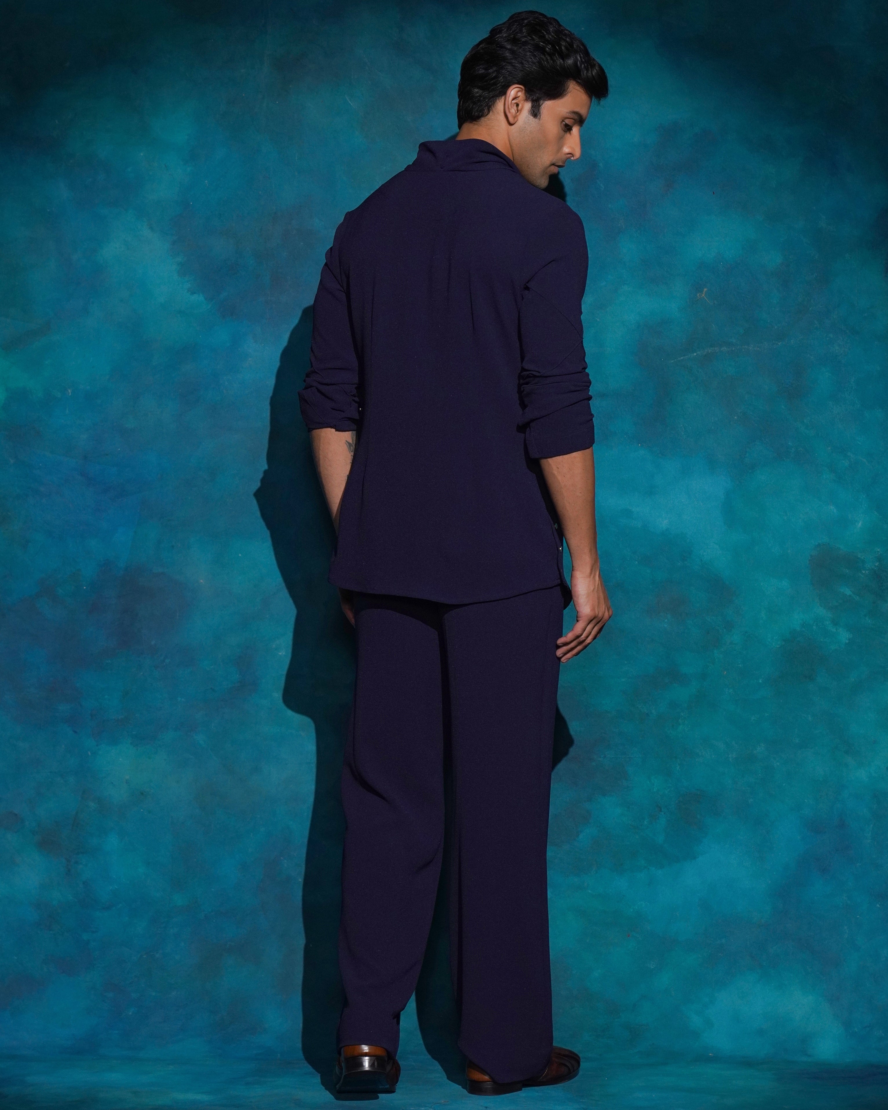 Midnight Blue Hand Embroidered Blue Sequened Short Jacket Set