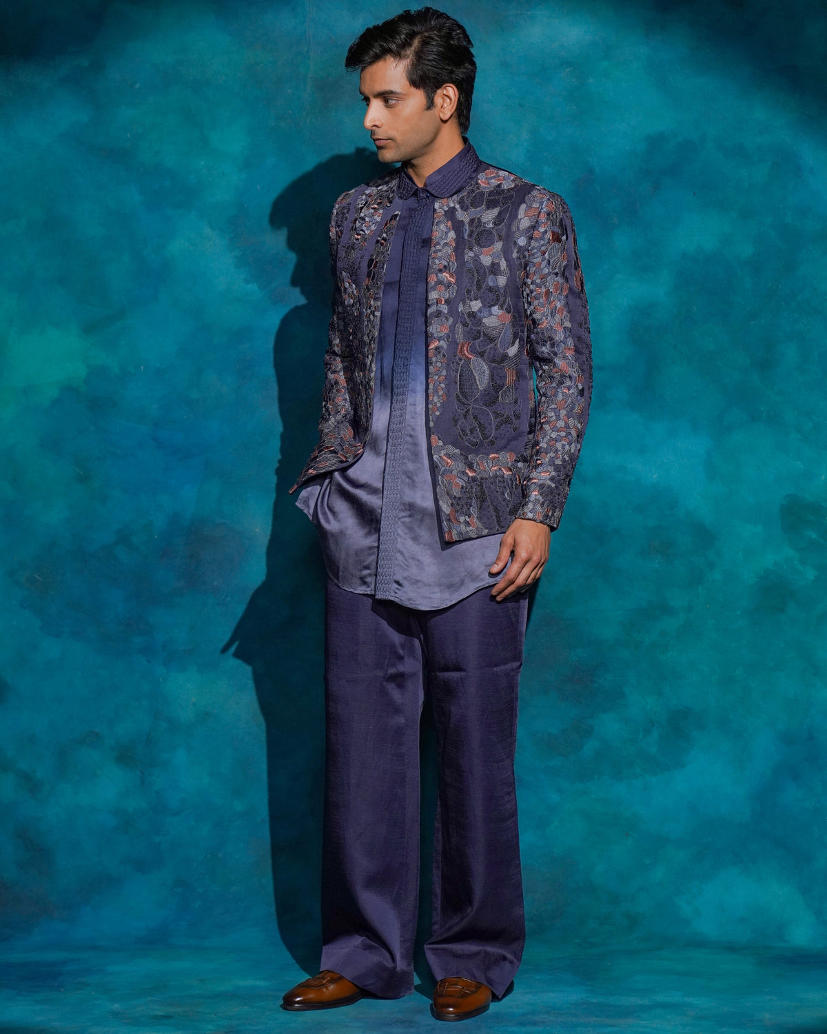 Oceanic Purple Hand Embroidered Short Jacket Set