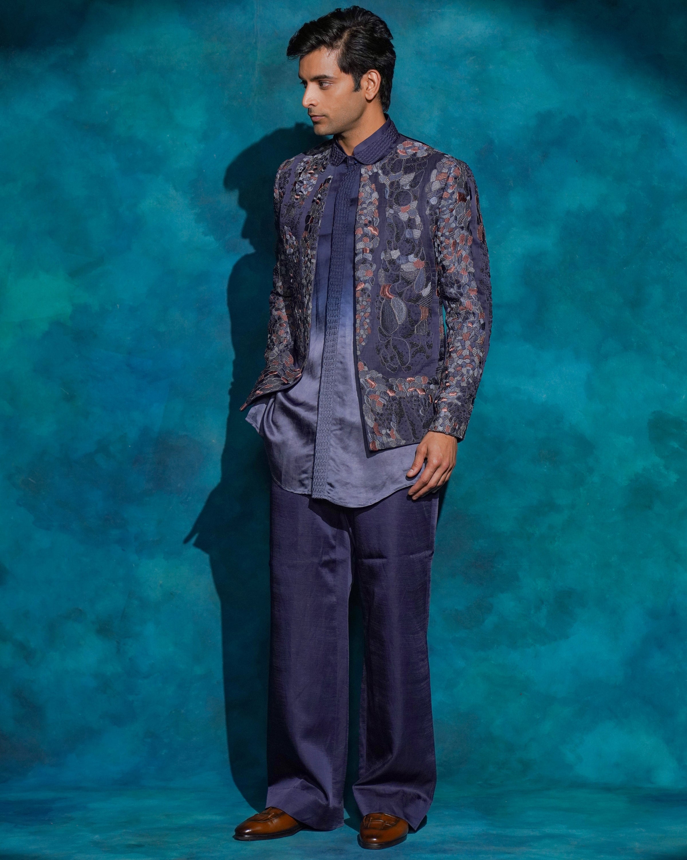 Oceanic Purple Hand Embroidered Short Jacket Set