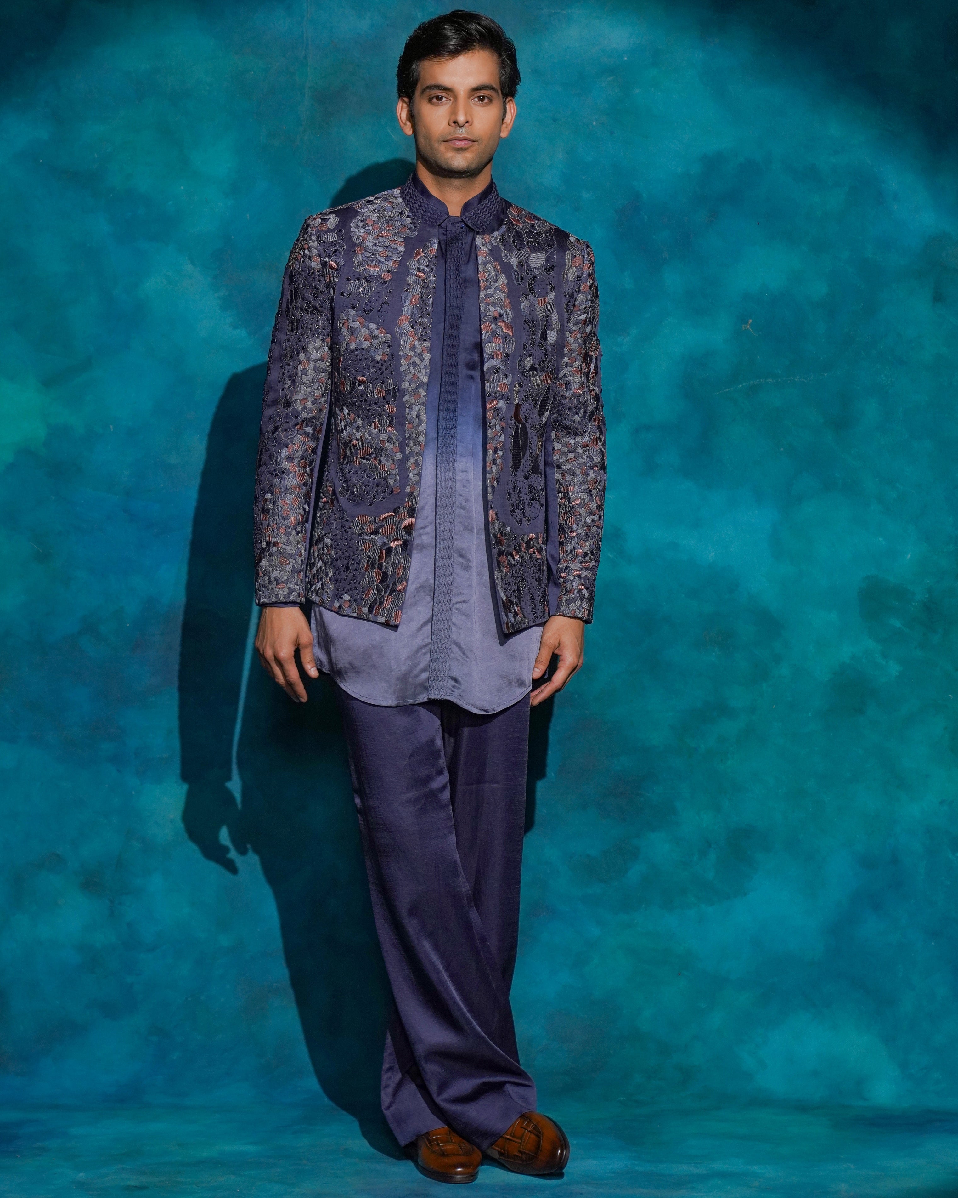 Oceanic Purple Hand Embroidered Short Jacket Set