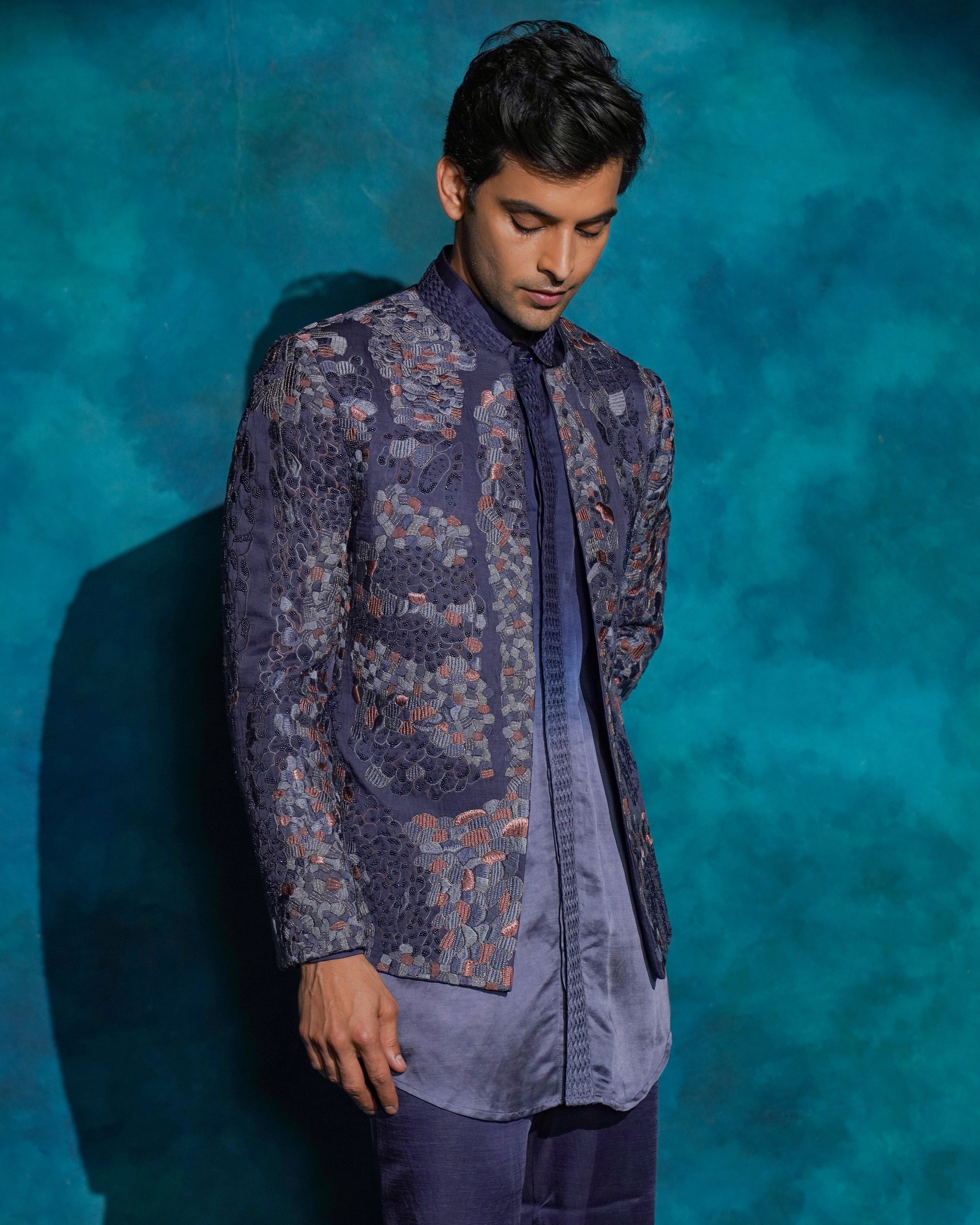 Oceanic Purple Hand Embroidered Short Jacket Set