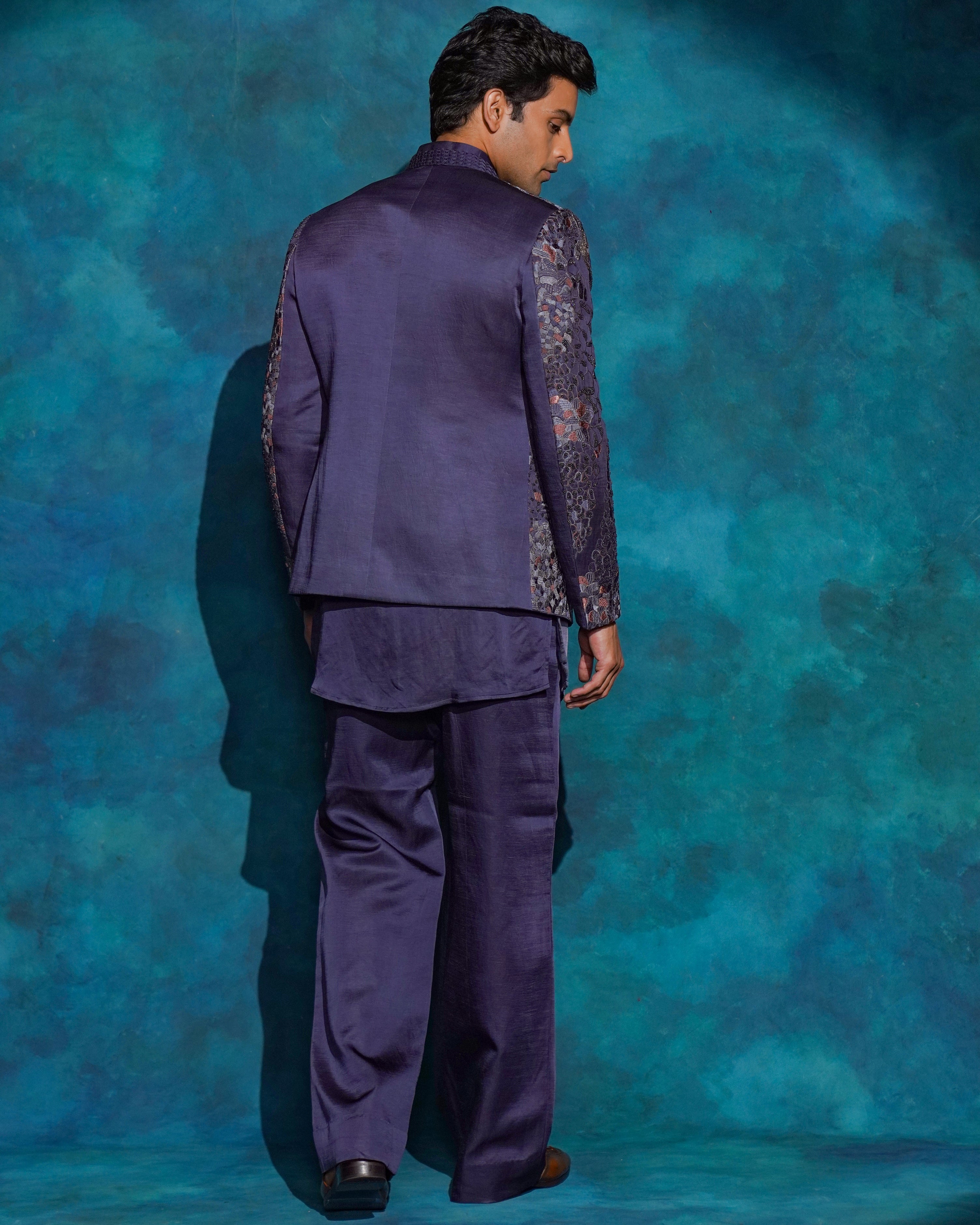 Oceanic Purple Hand Embroidered Short Jacket Set