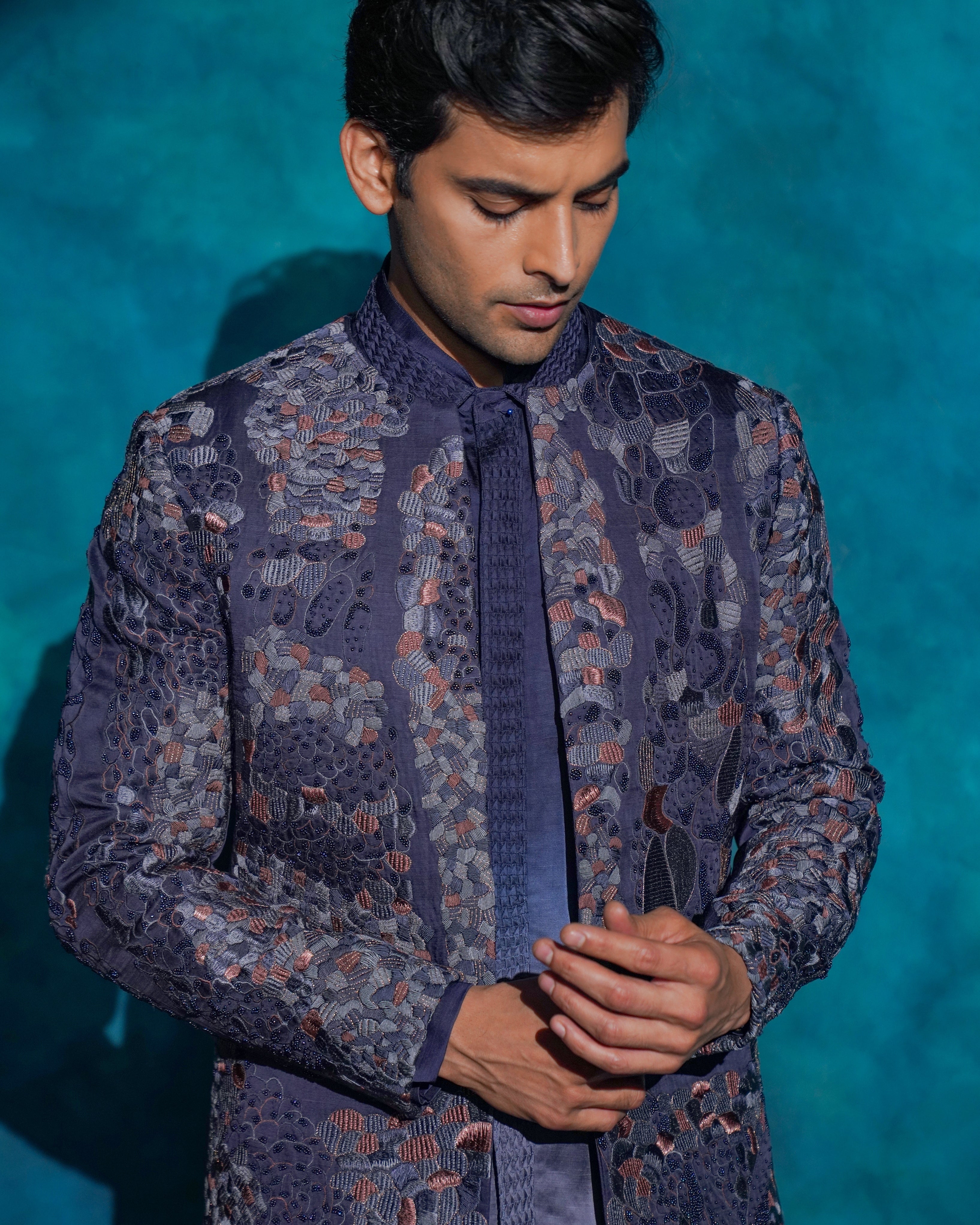 Oceanic Purple Hand Embroidered Short Jacket Set