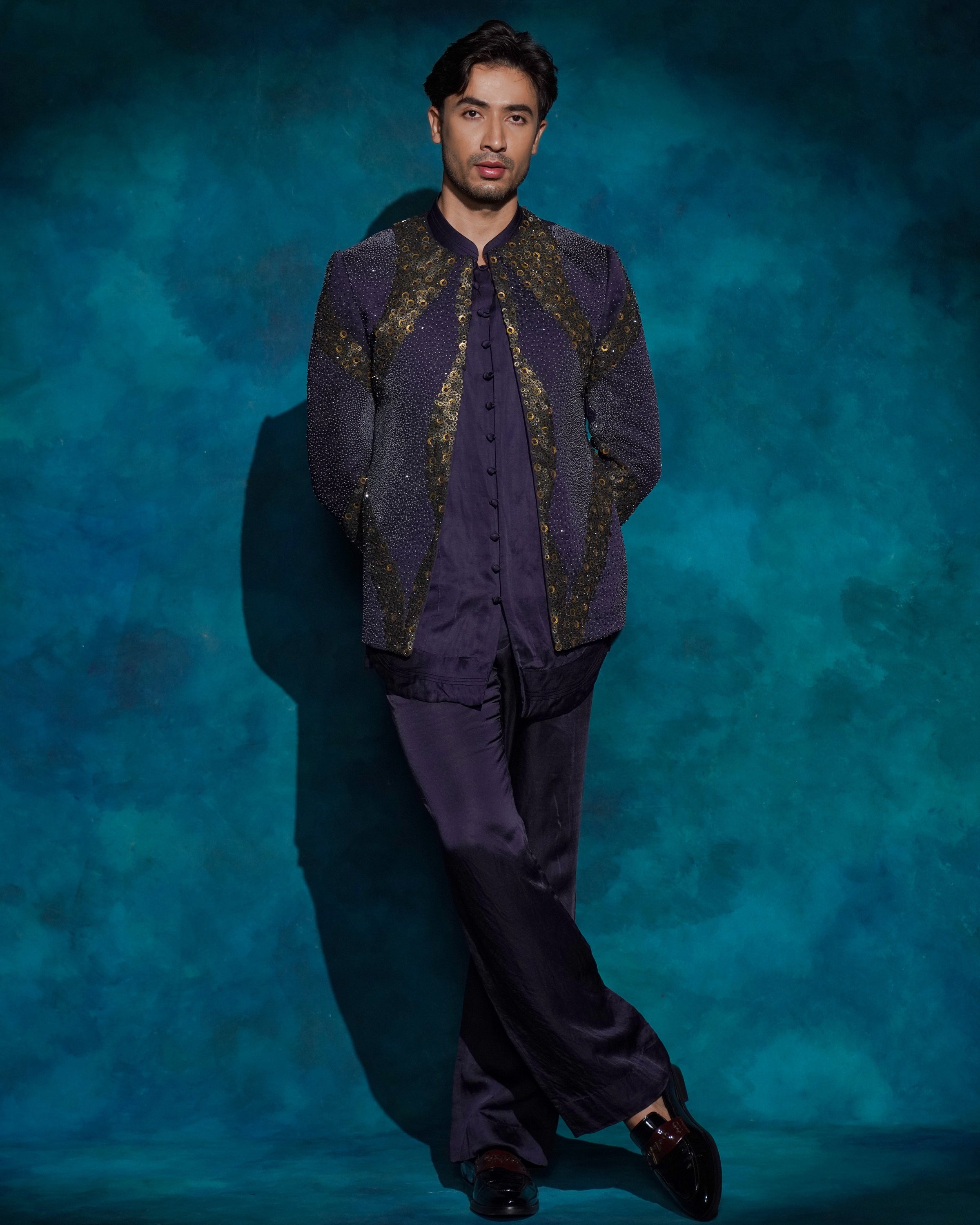 Twilight Blue Hand Embroidered Sequence Short Jacket Set