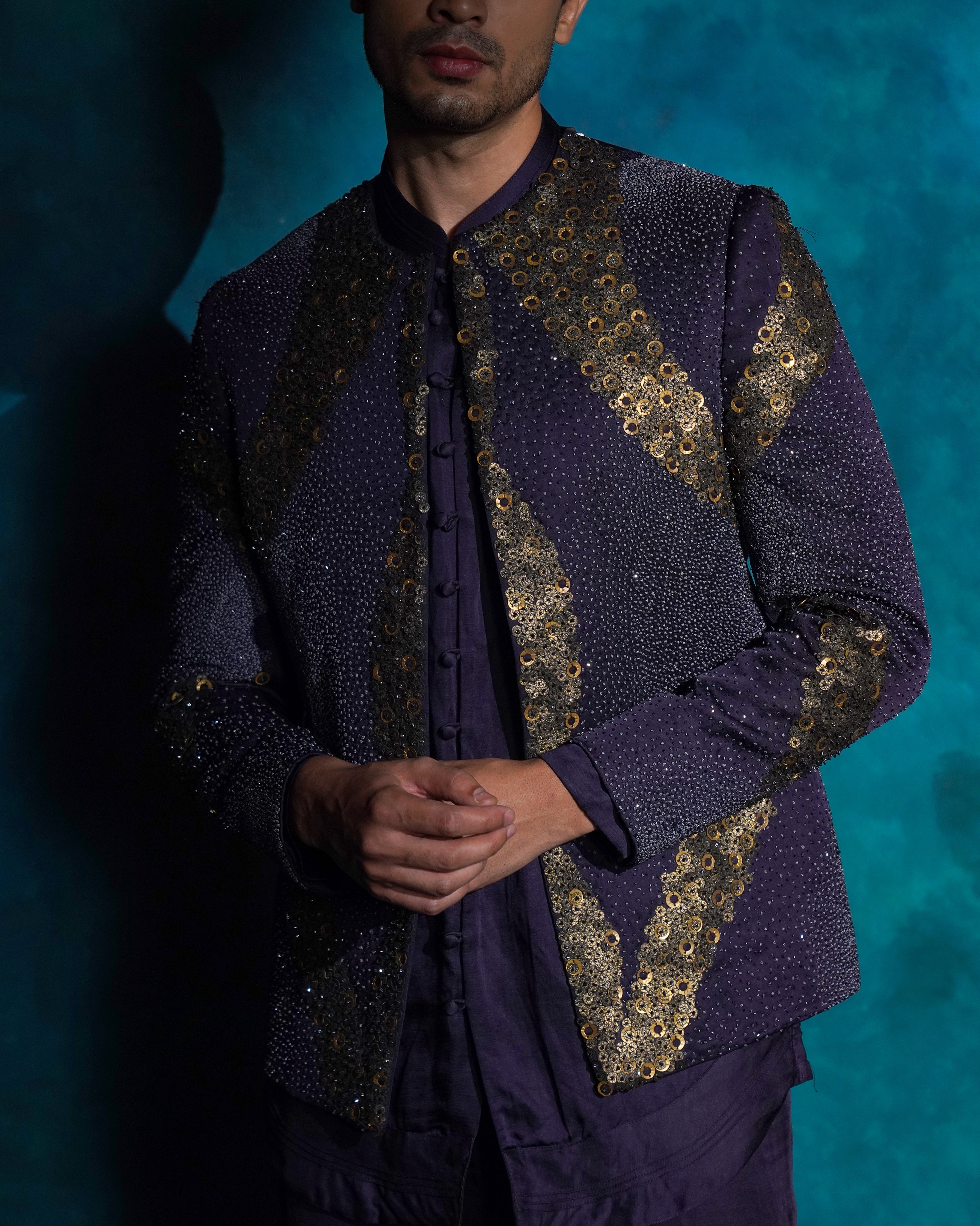 Twilight Blue Hand Embroidered Sequence Short Jacket Set