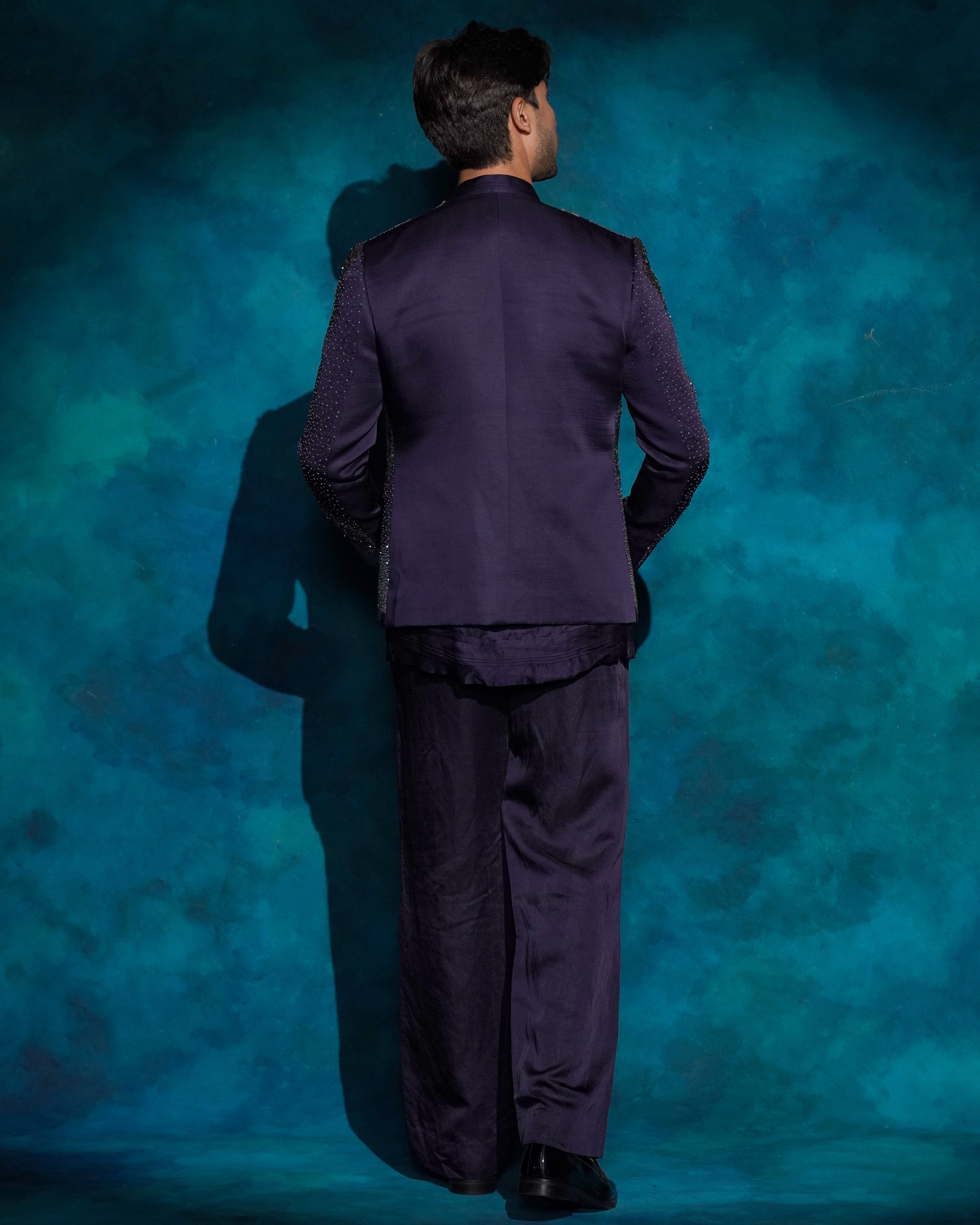 Twilight Blue Hand Embroidered Sequence Short Jacket Set