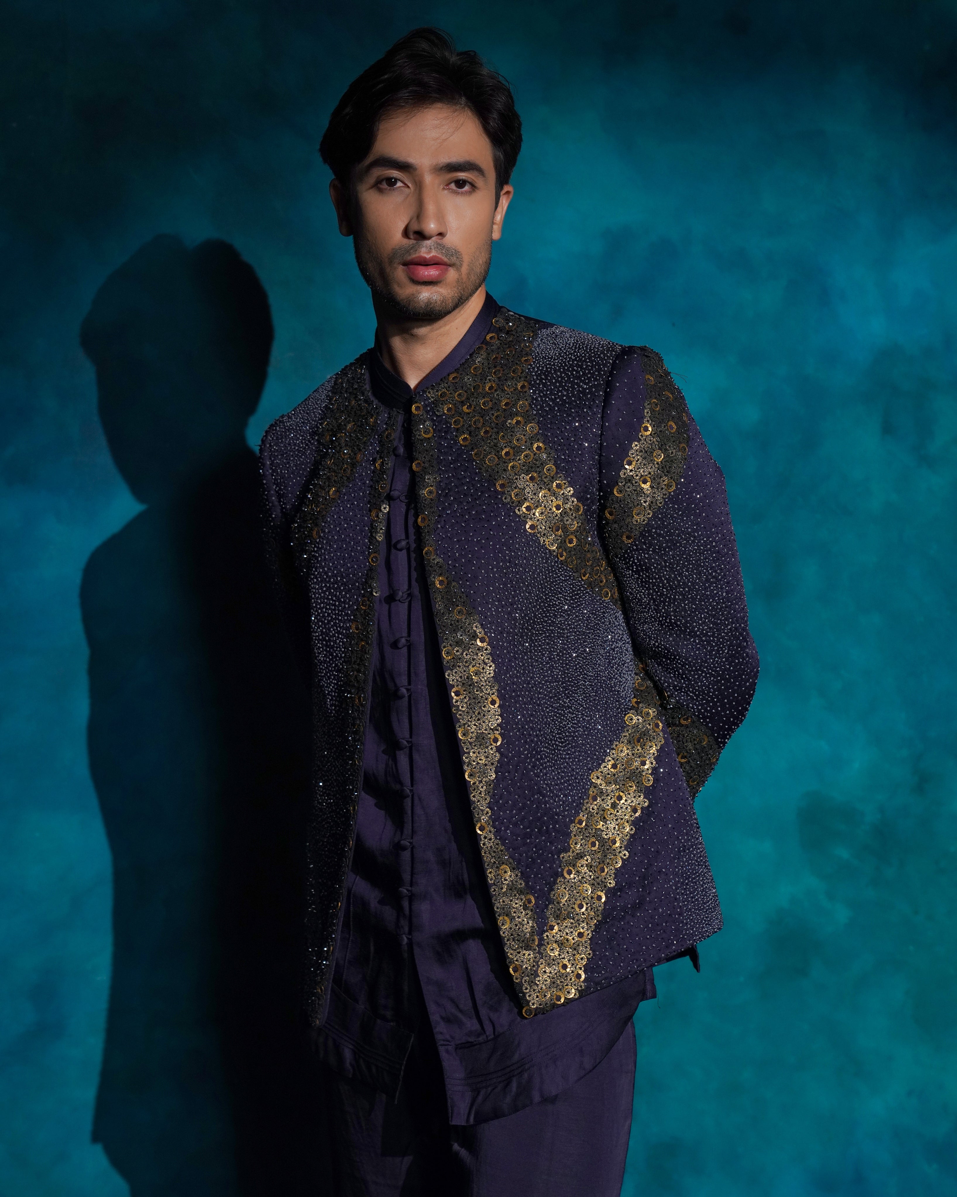 Twilight Blue Hand Embroidered Sequence Short Jacket Set