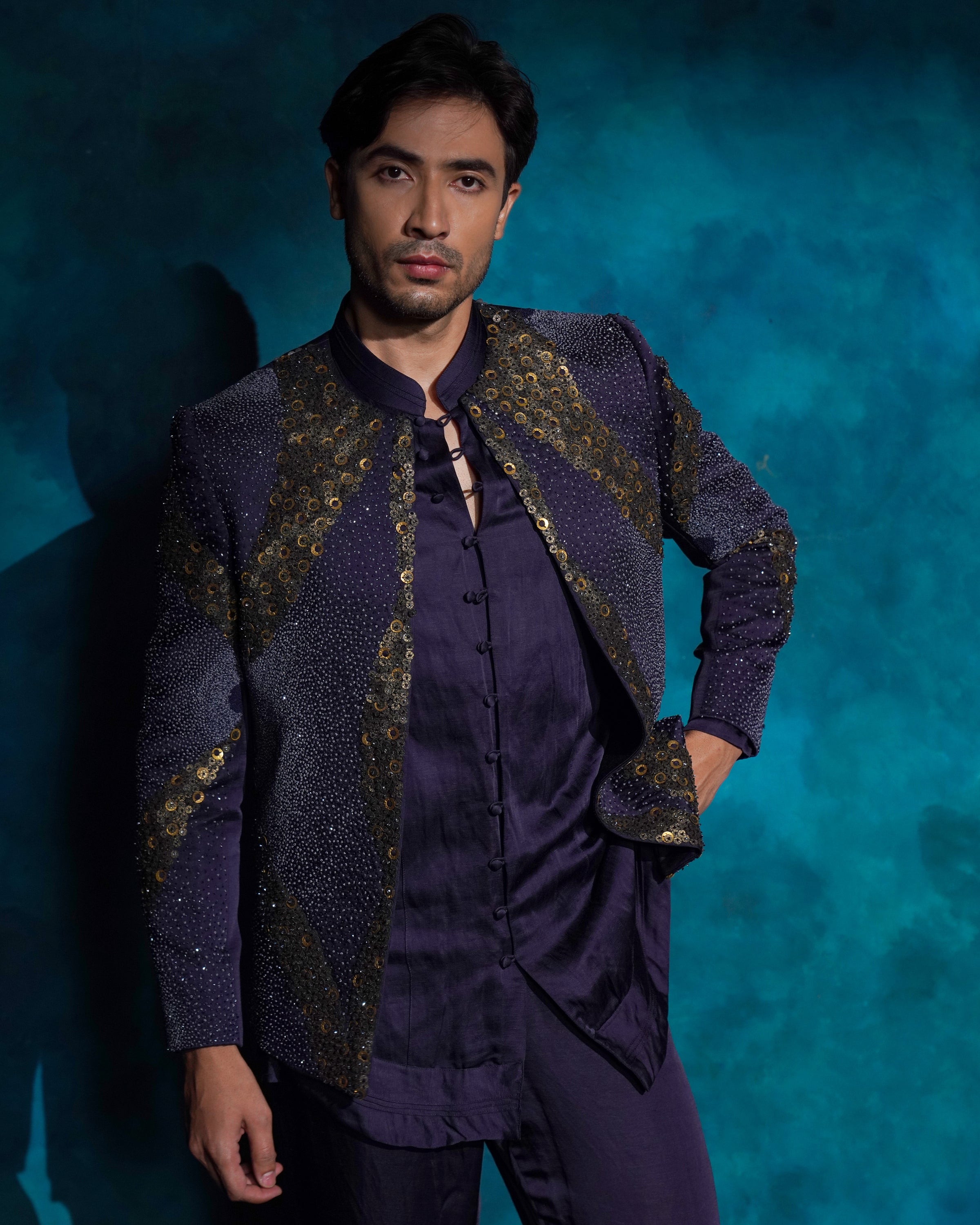 Twilight Blue Hand Embroidered Sequence Short Jacket Set