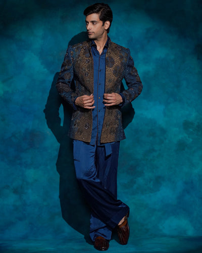 Teal And Ombre Hand Embroidered Short Jacket Set