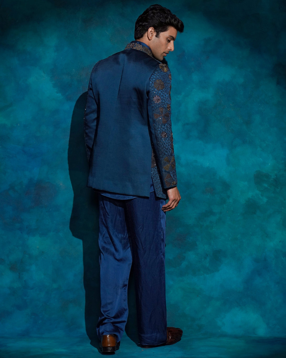 Teal And Ombre Hand Embroidered Short Jacket Set