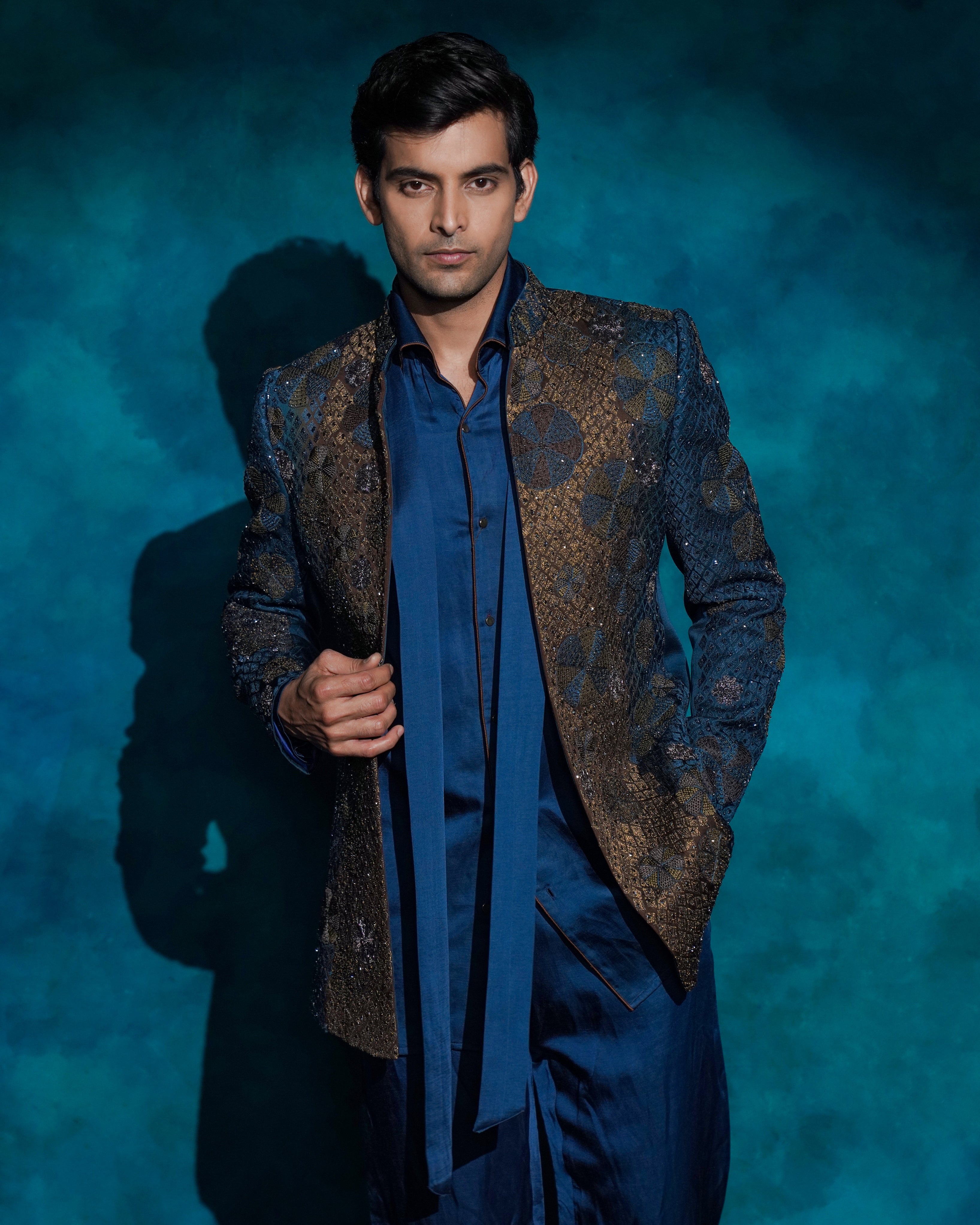 Teal And Ombre Hand Embroidered Short Jacket Set