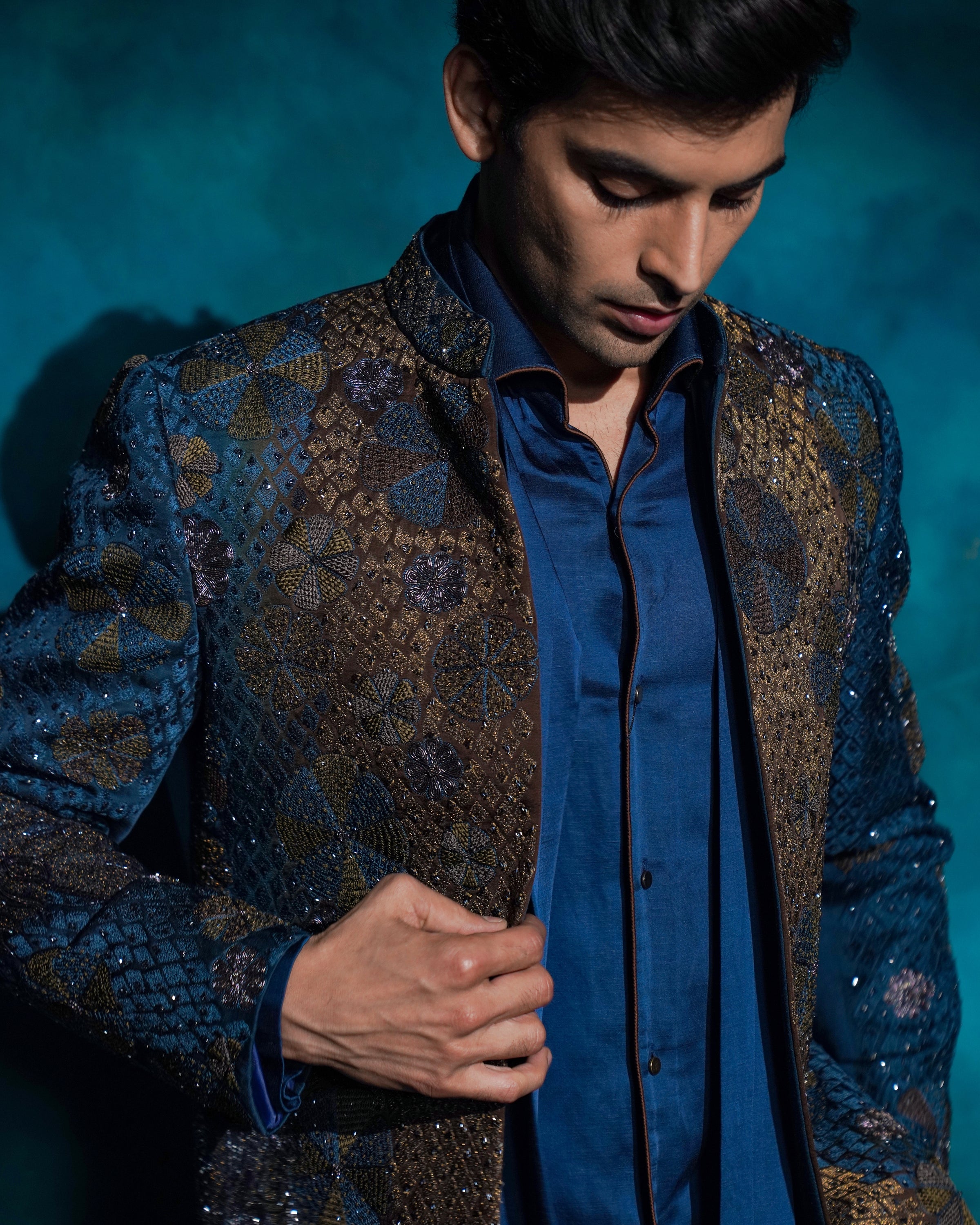 Teal And Ombre Hand Embroidered Short Jacket Set