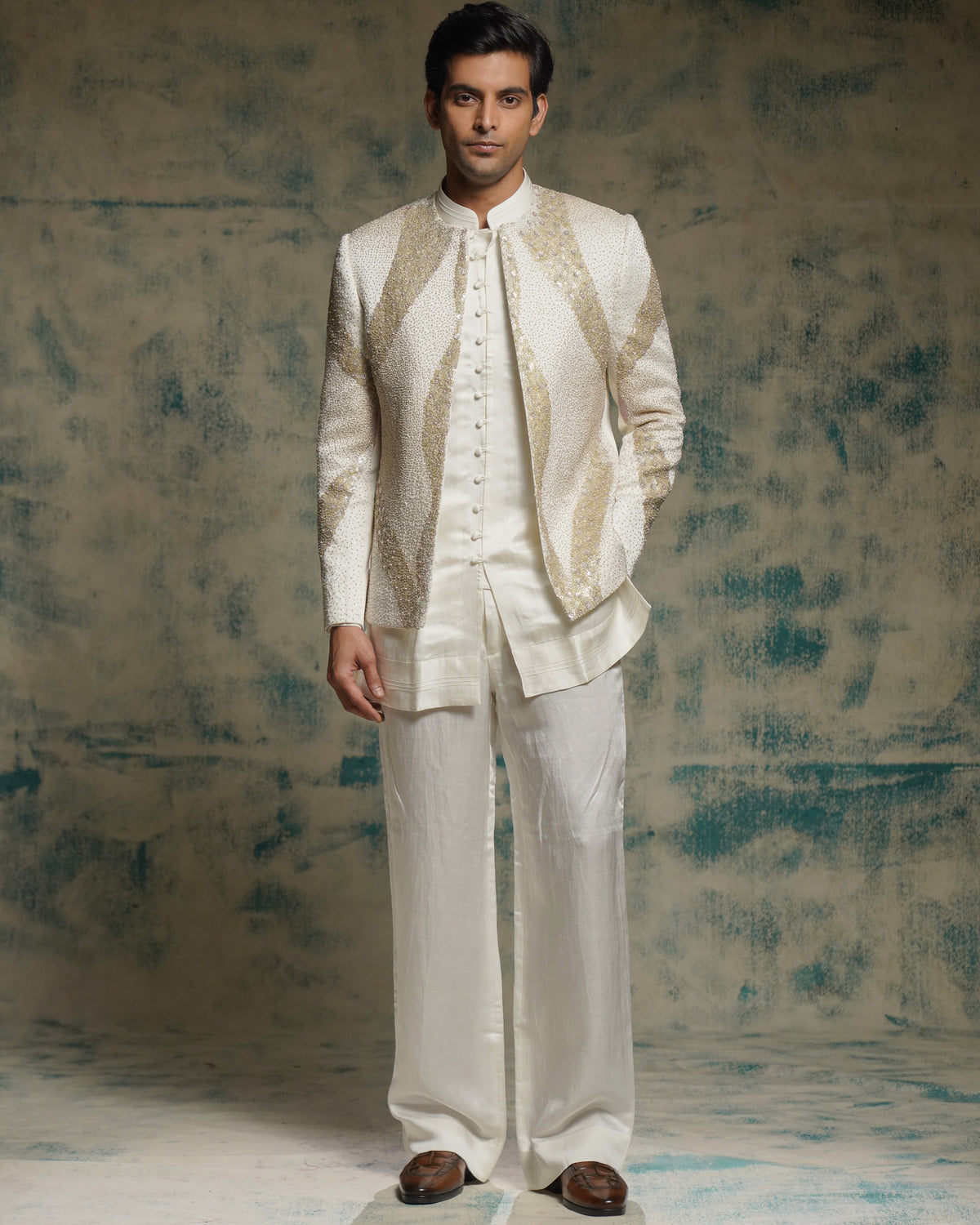 Ivory Hand Embroidered Sequins Short Jacket Set