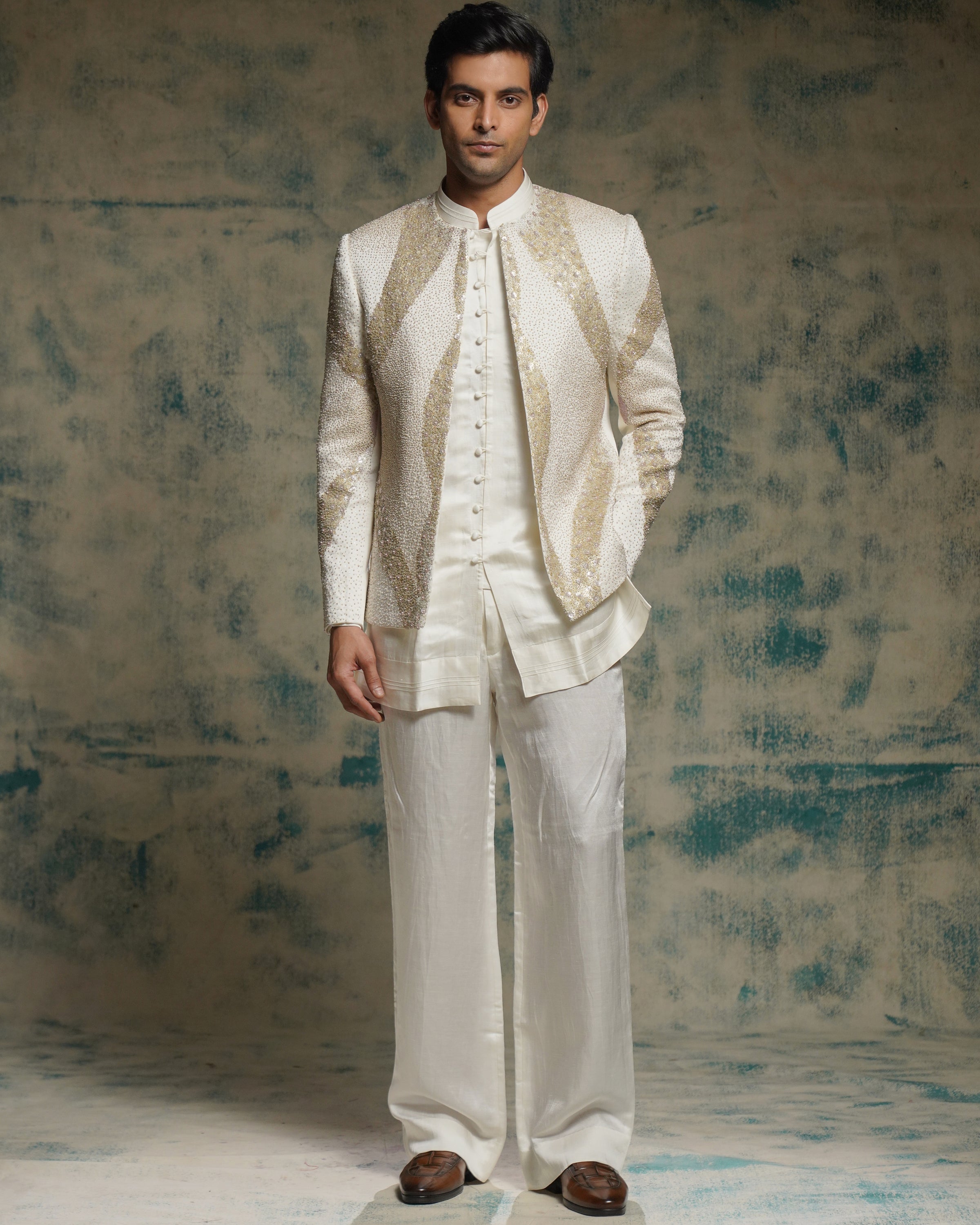 Ivory Hand Embroidered Sequins Short Jacket Set