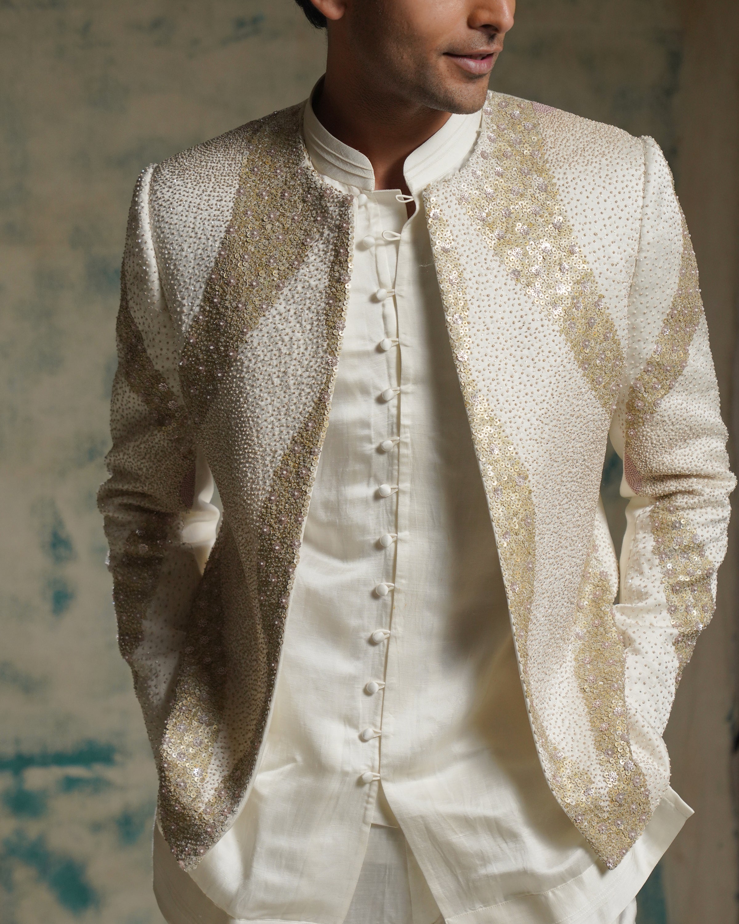 Ivory Hand Embroidered Sequins Short Jacket Set