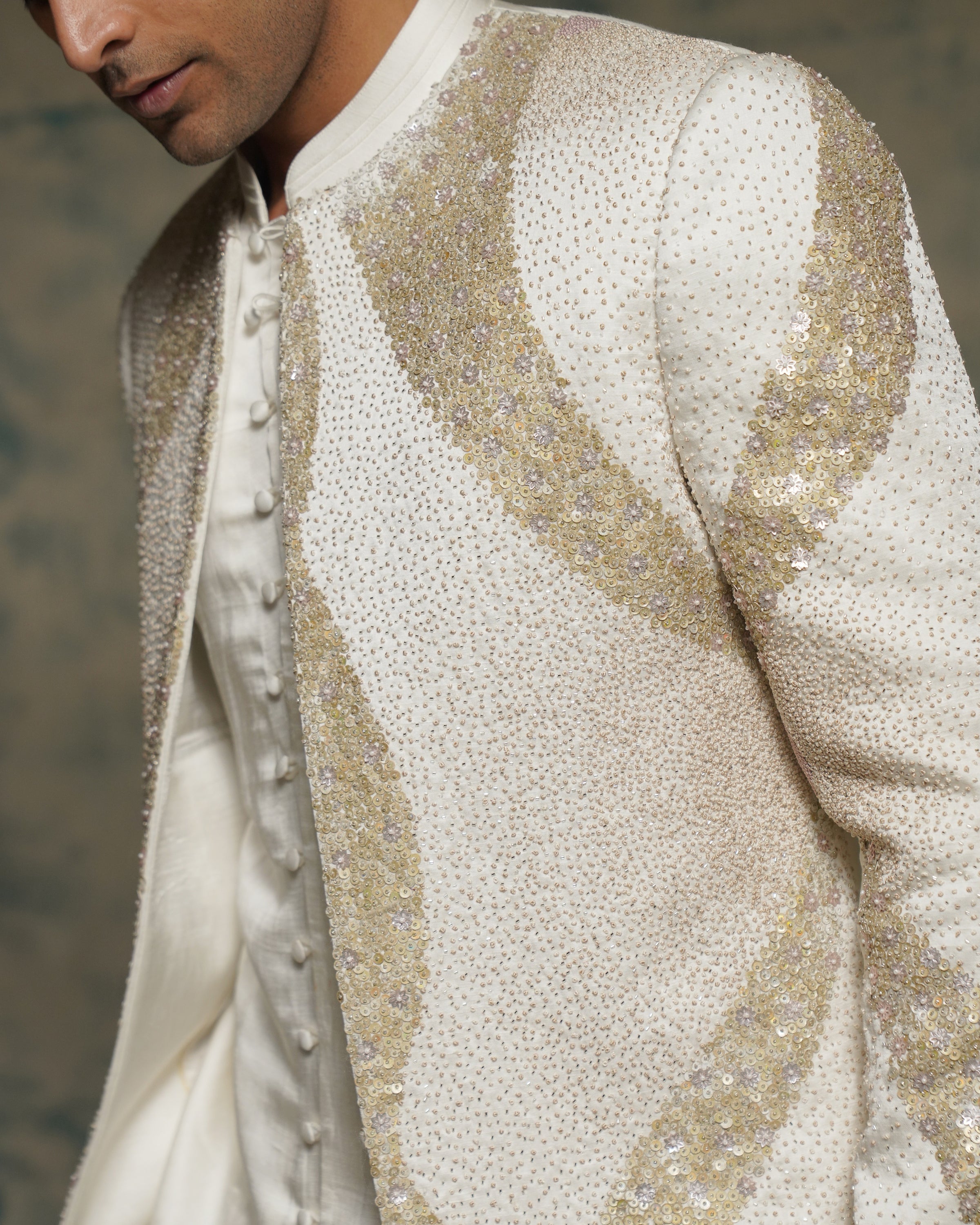 Ivory Hand Embroidered Sequins Short Jacket Set