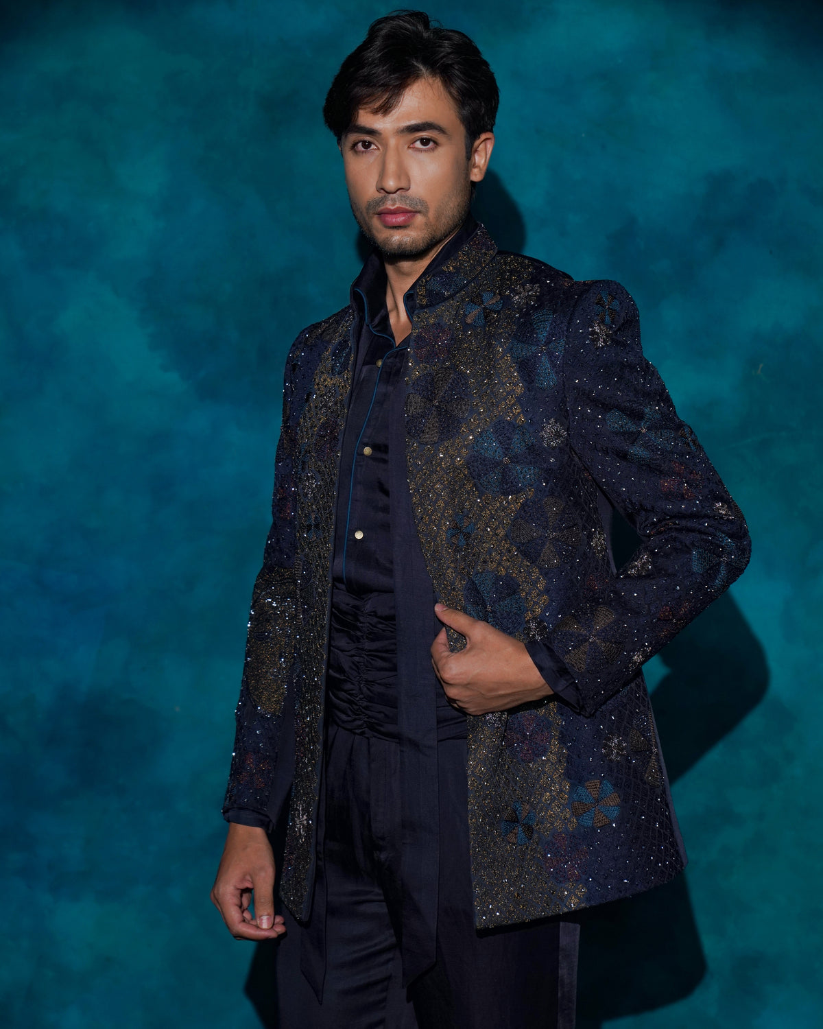 Midnight Blue Hand Embroidered Short Jacket Set