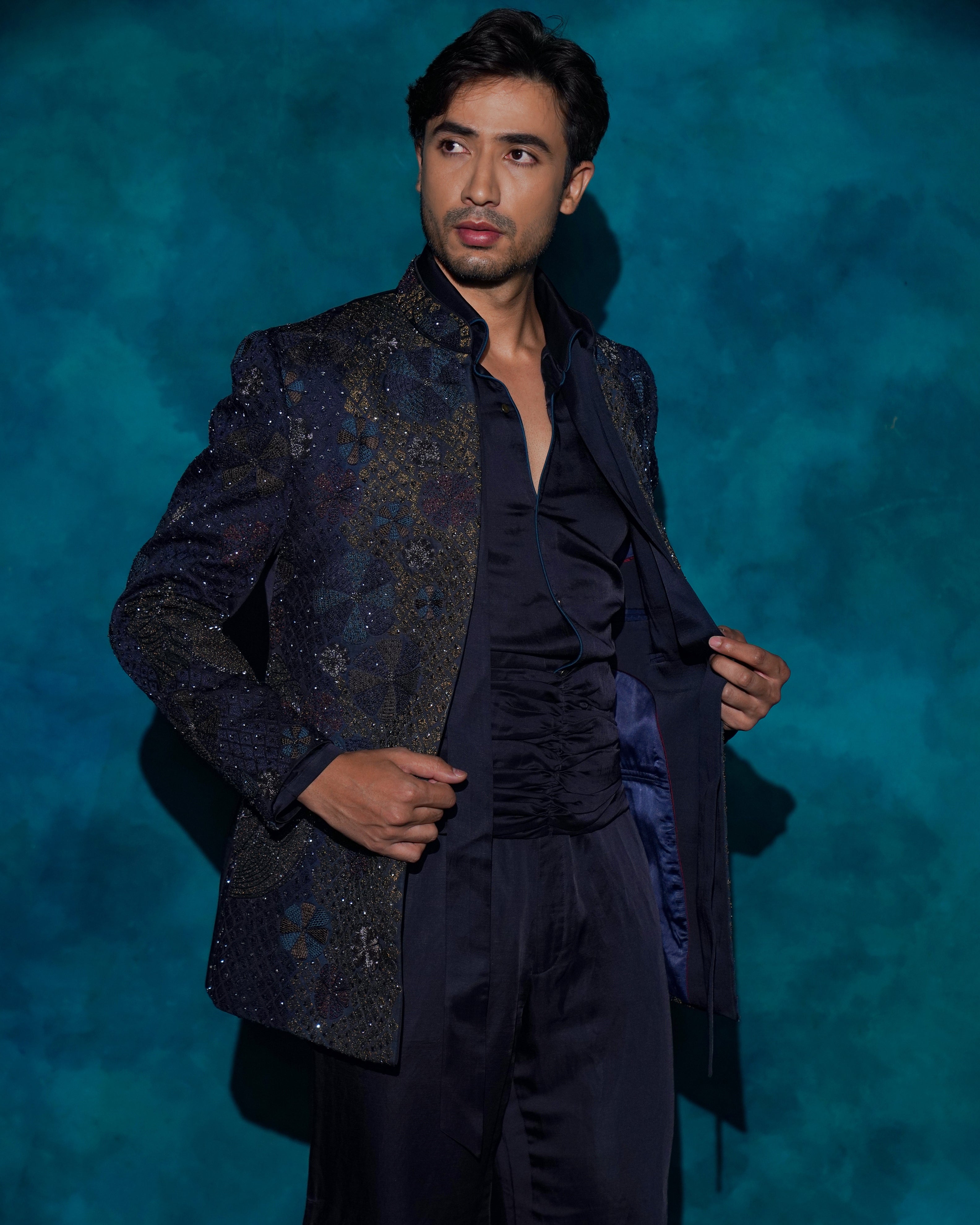 Midnight Blue Hand Embroidered Short Jacket Set