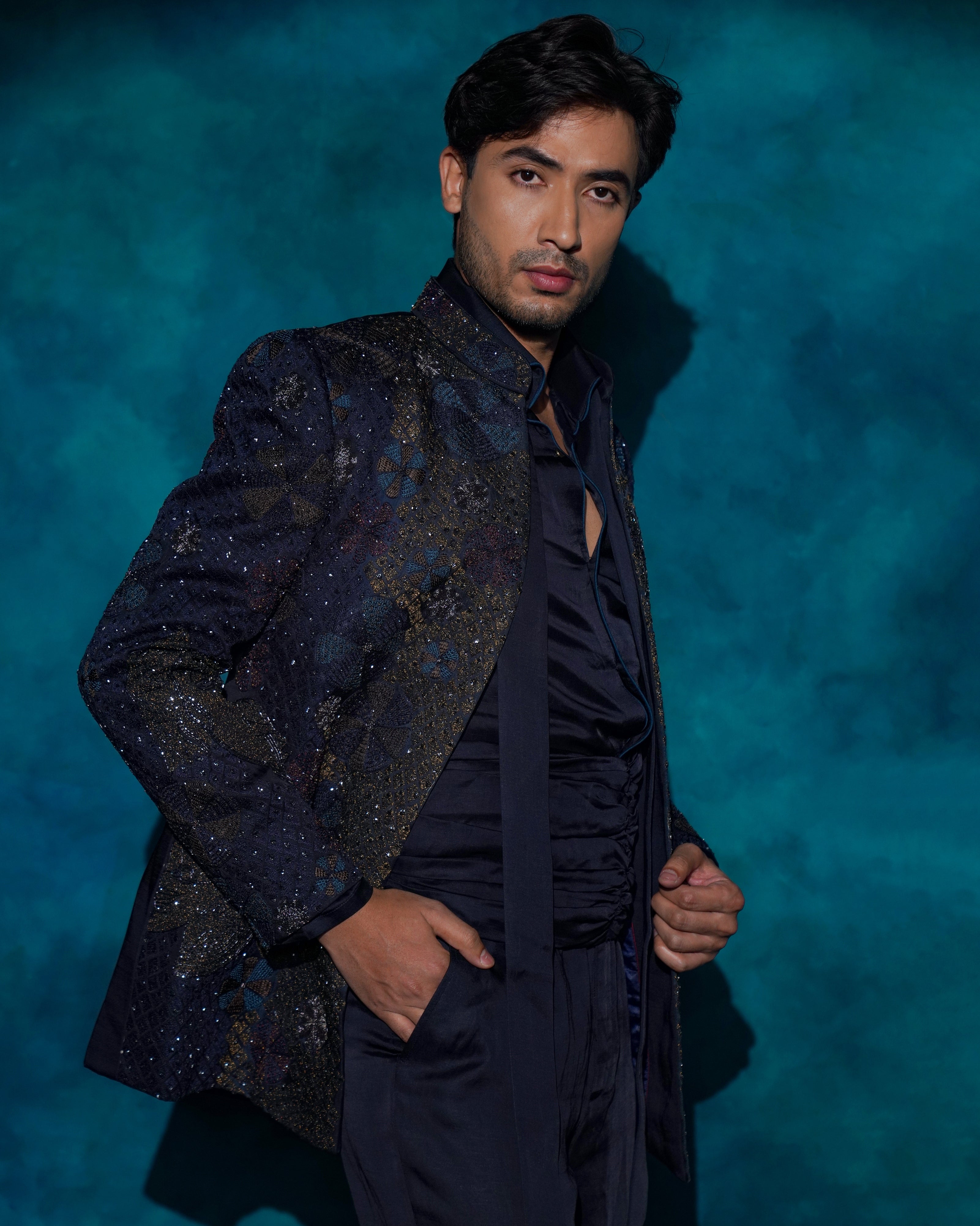 Midnight Blue Hand Embroidered Short Jacket Set