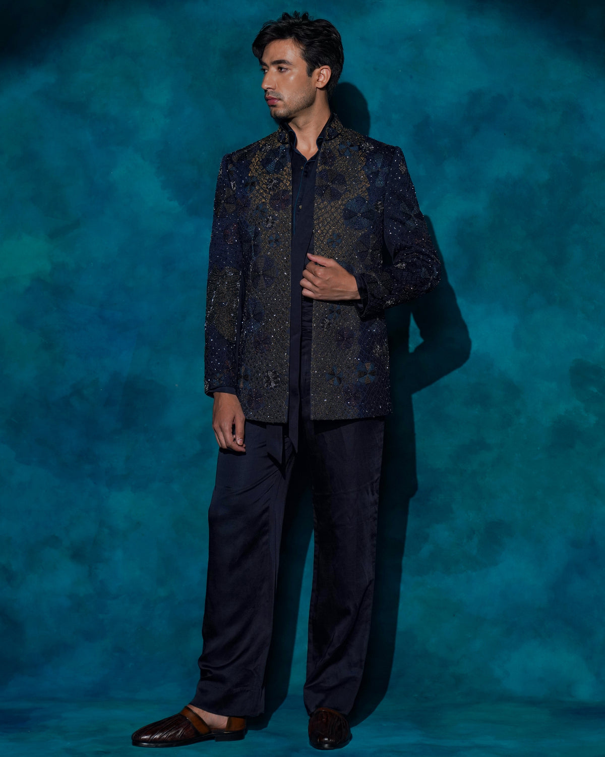 Midnight Blue Hand Embroidered Short Jacket Set