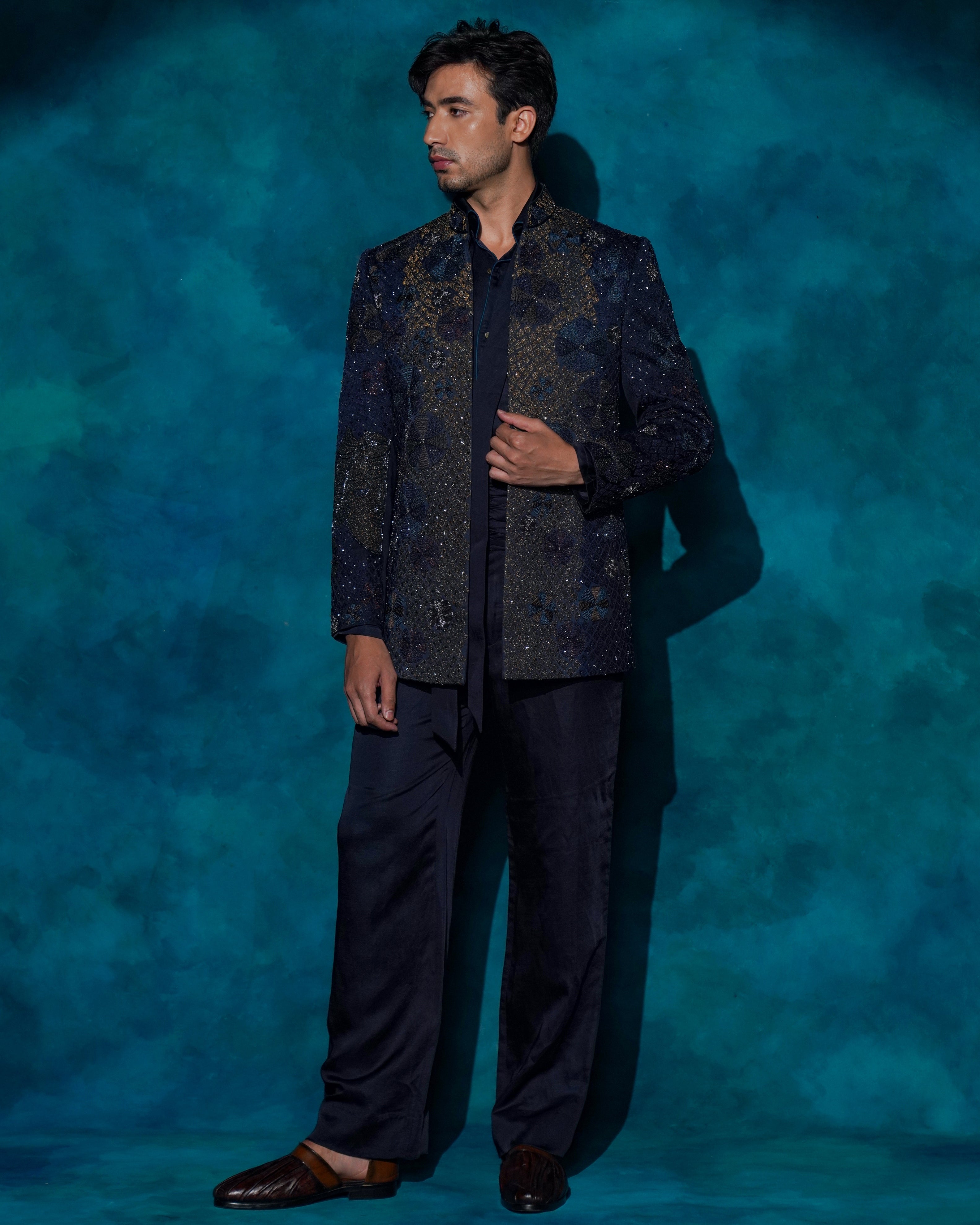 Midnight Blue Hand Embroidered Short Jacket Set