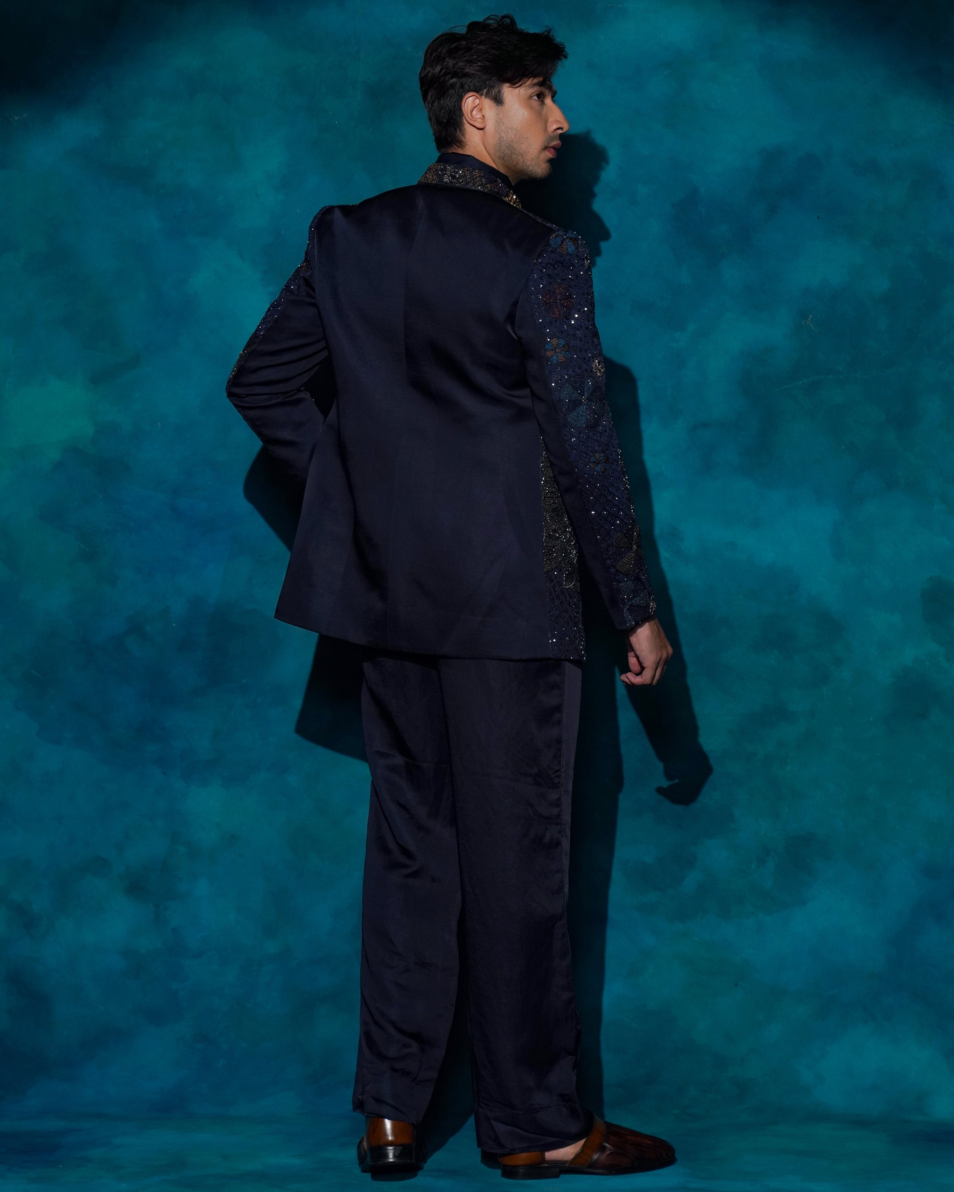 Midnight Blue Hand Embroidered Short Jacket Set