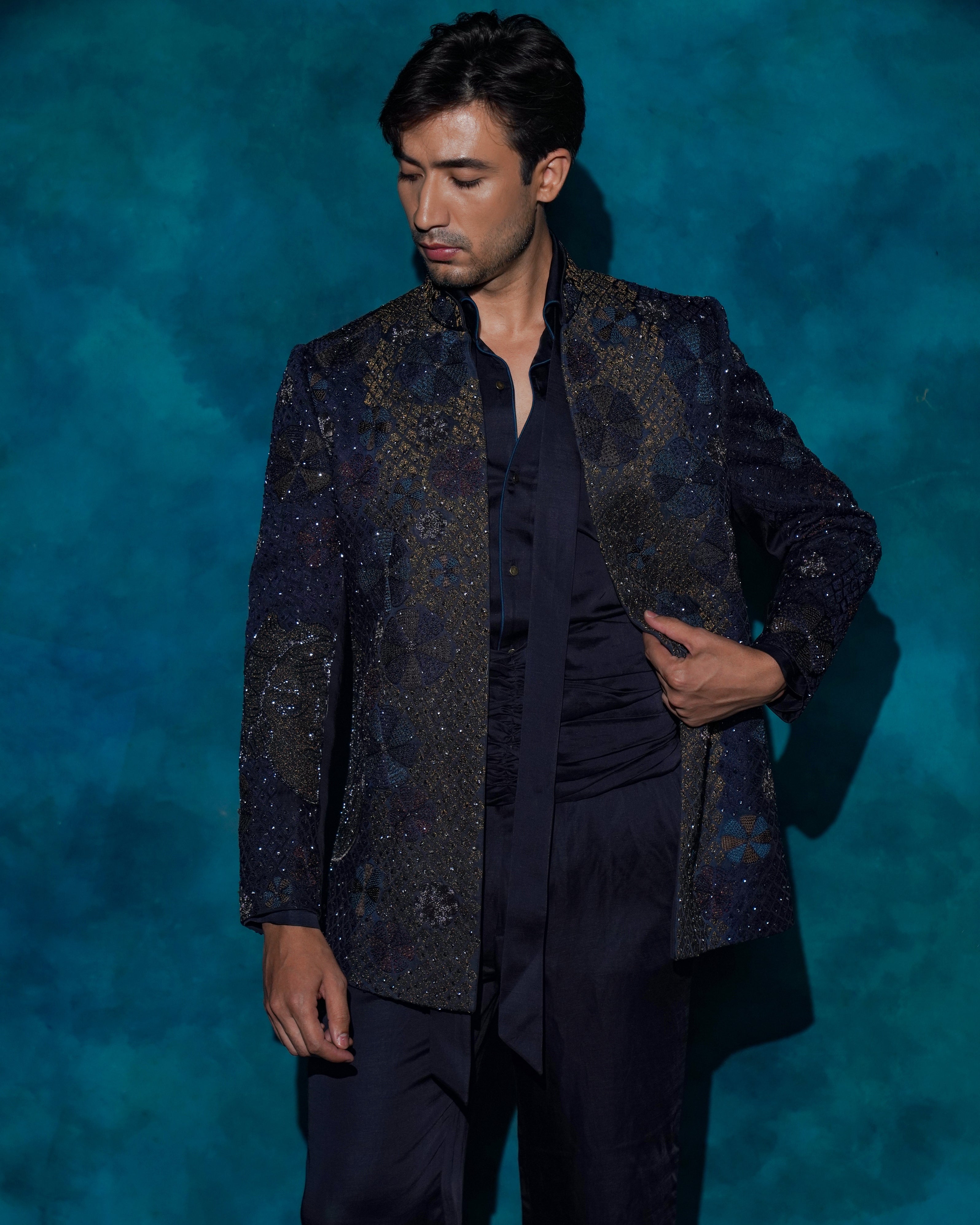 Midnight Blue Hand Embroidered Short Jacket Set