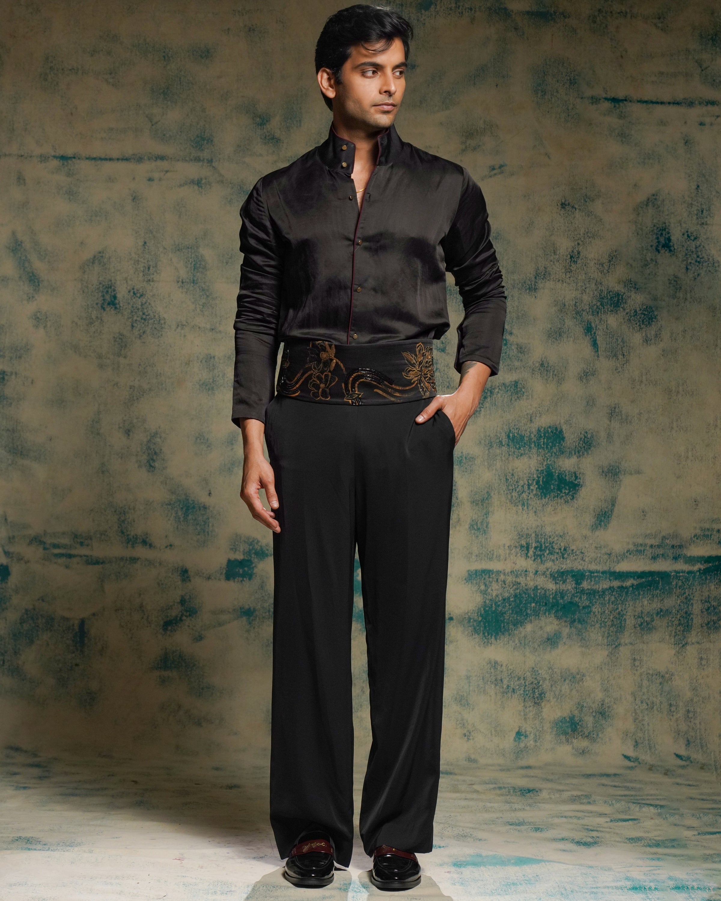 Black And Gold Hand Embriodered Shrug Set