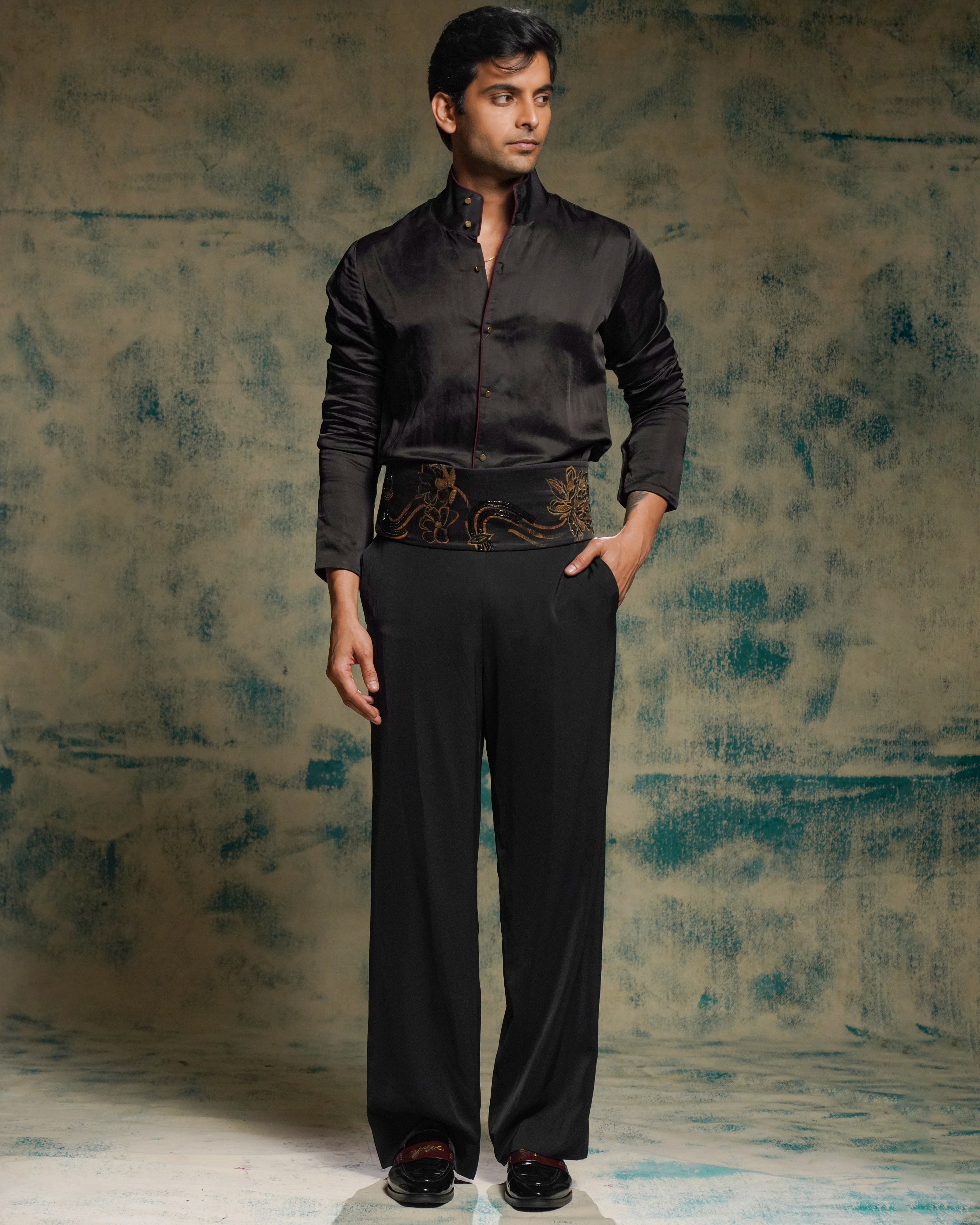 Black And Gold Hand Embriodered Shrug Set