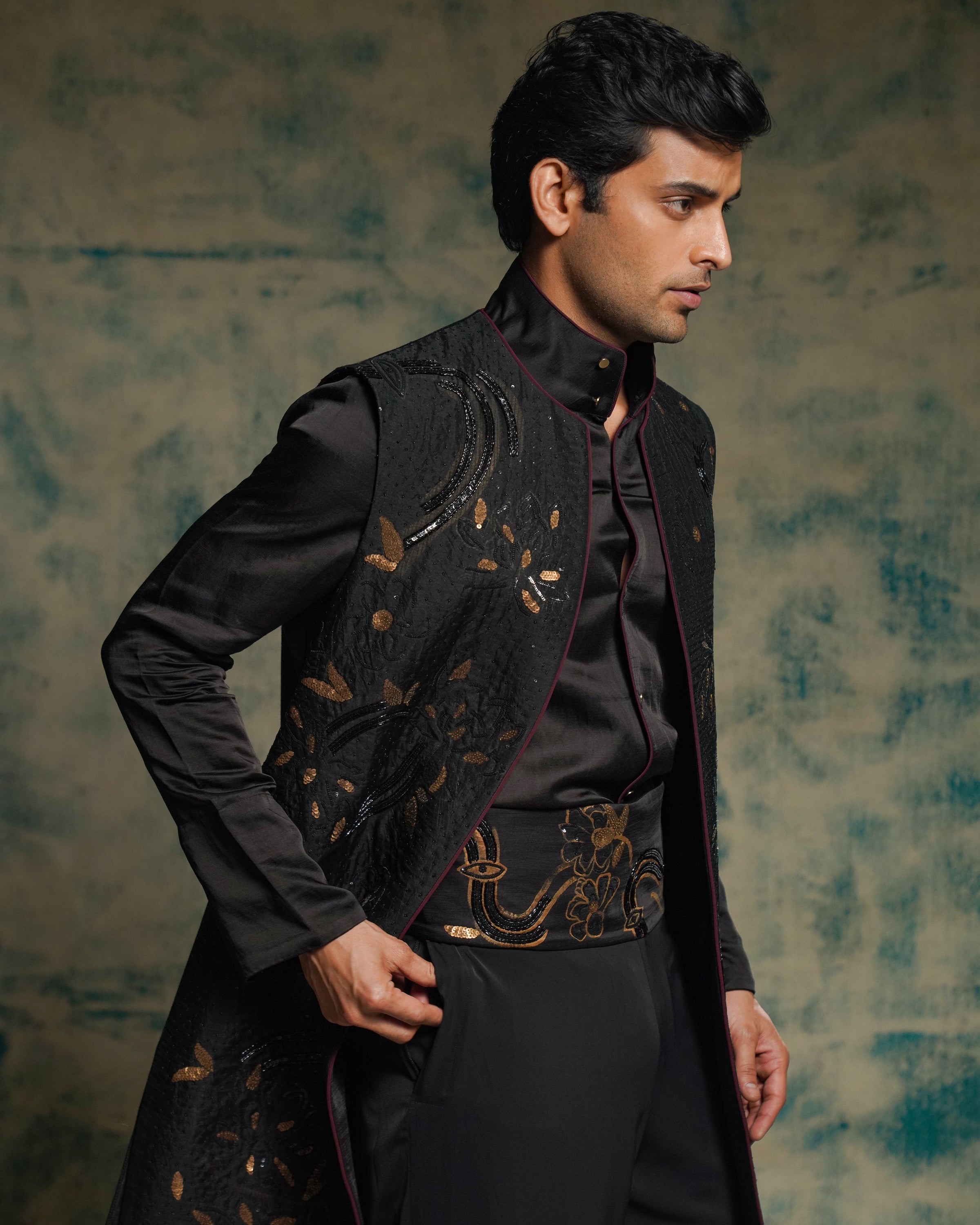 Black And Gold Hand Embriodered Shrug Set