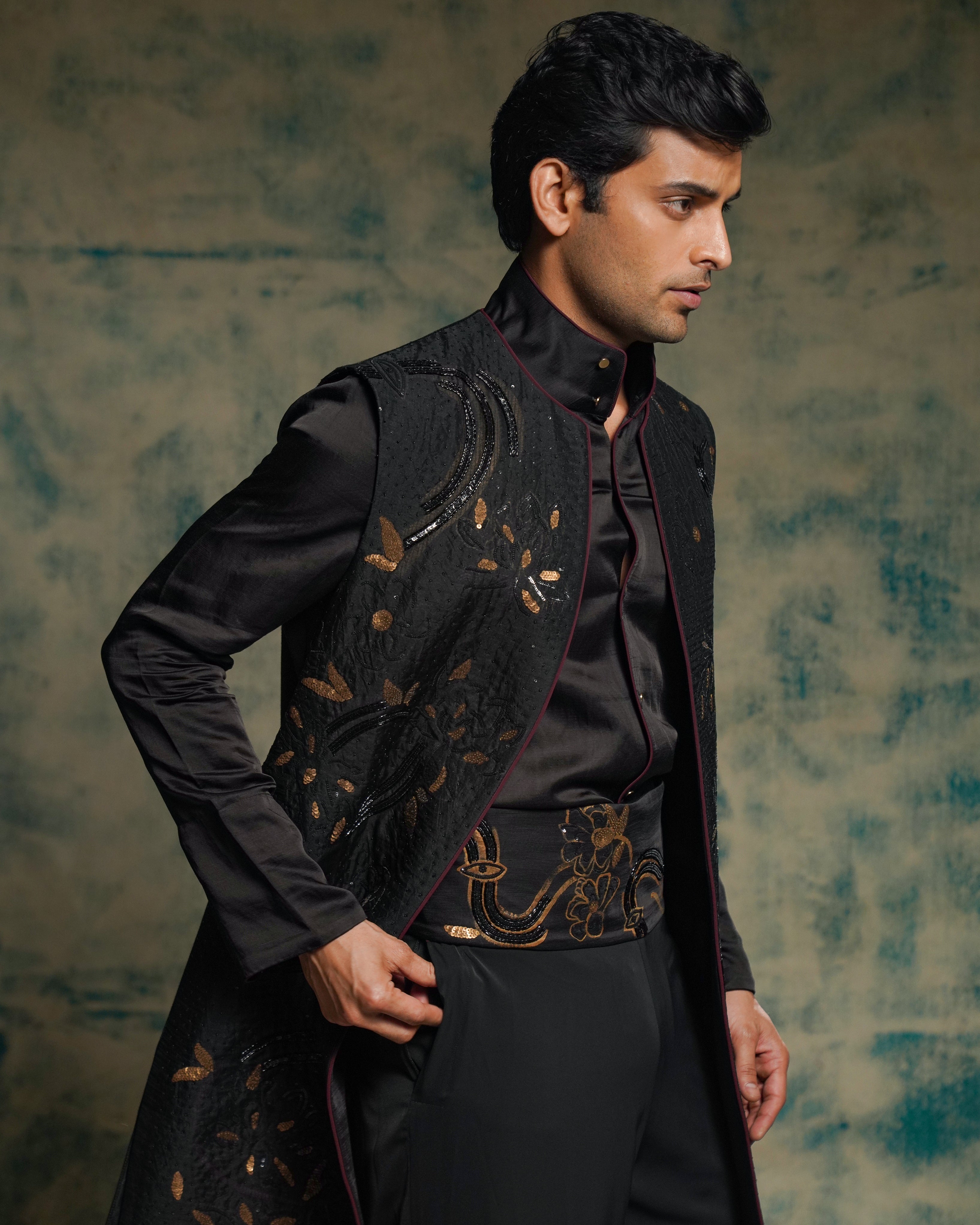 Black And Gold Hand Embriodered Shrug Set