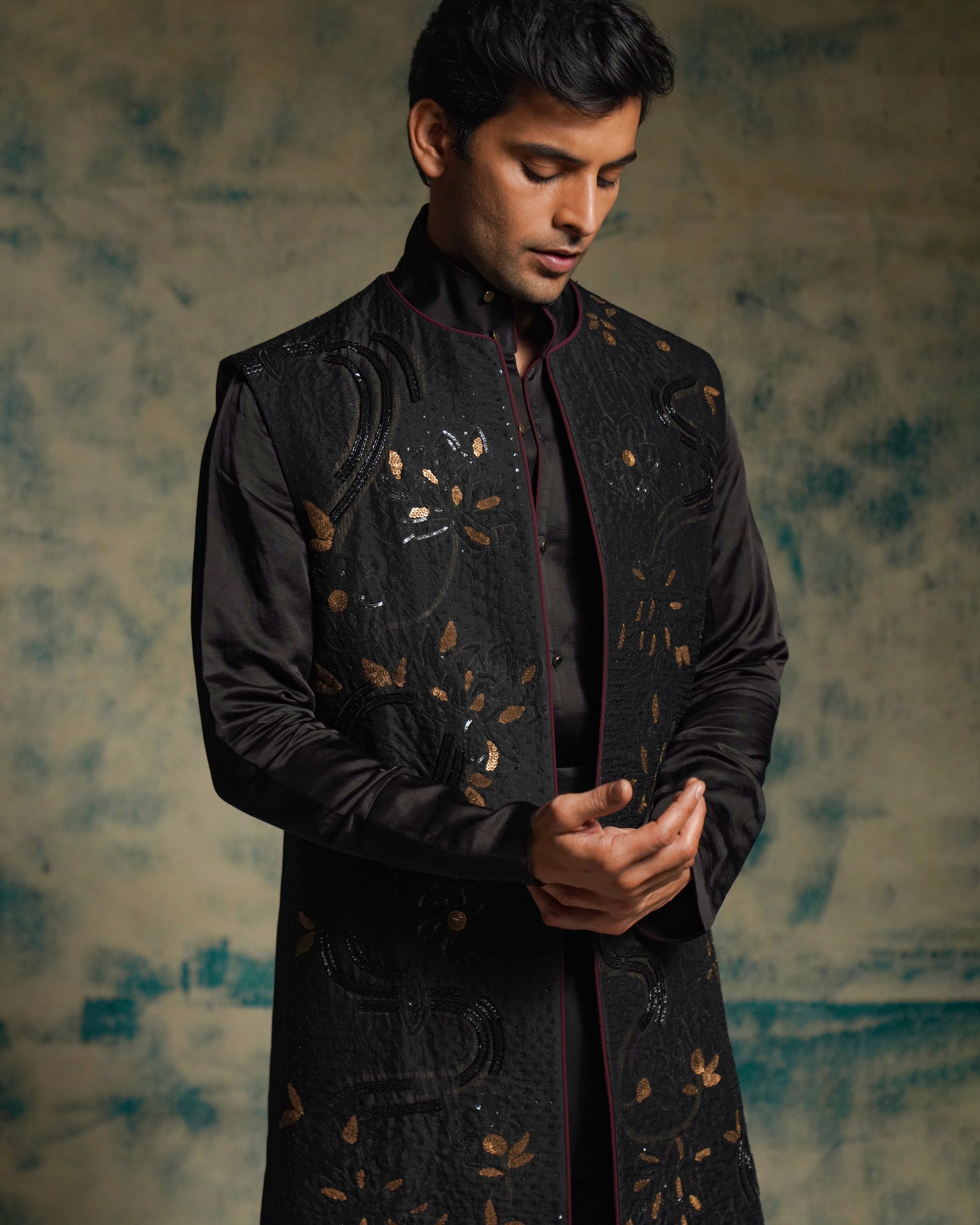 Black And Gold Hand Embriodered Shrug Set