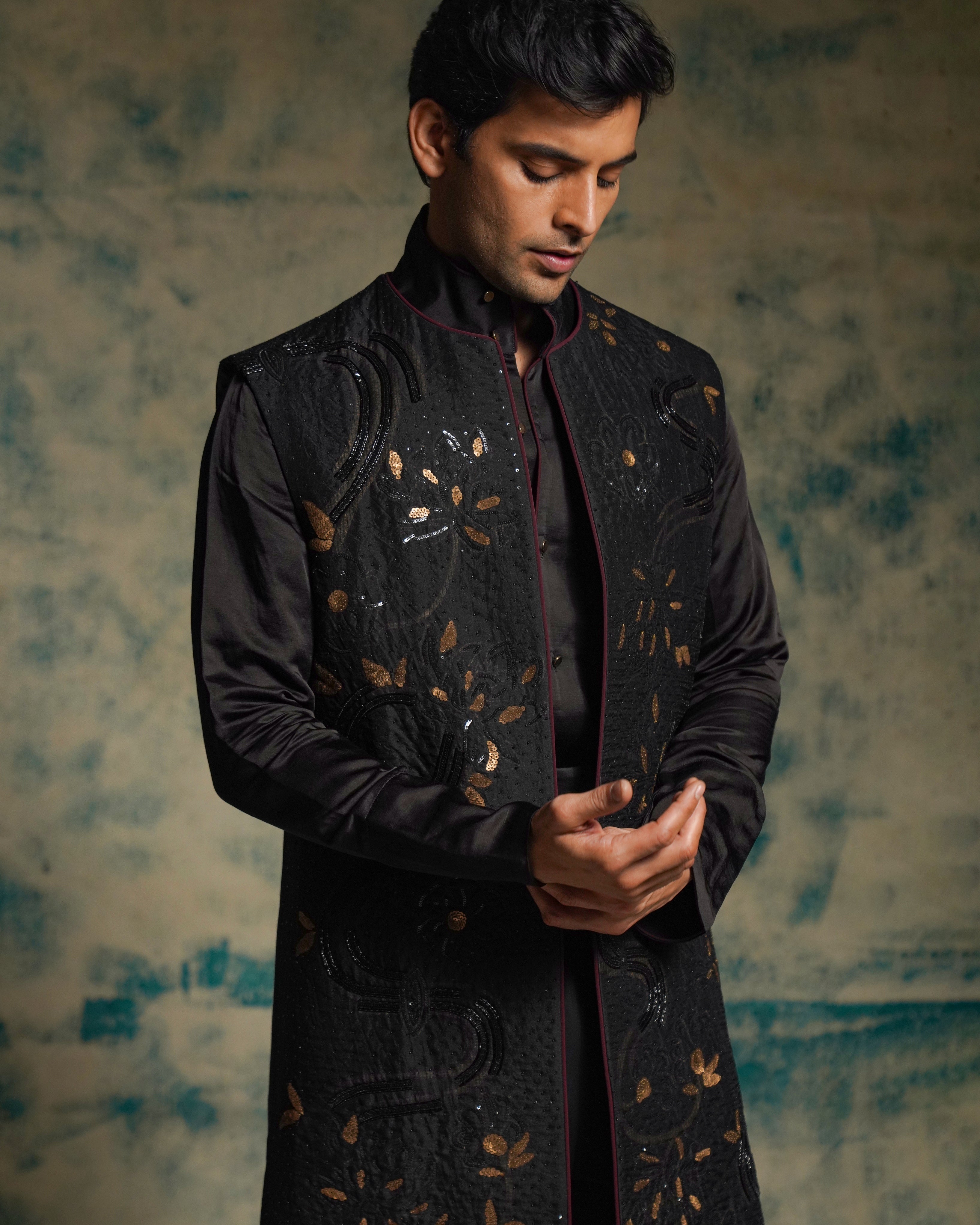 Black And Gold Hand Embriodered Shrug Set