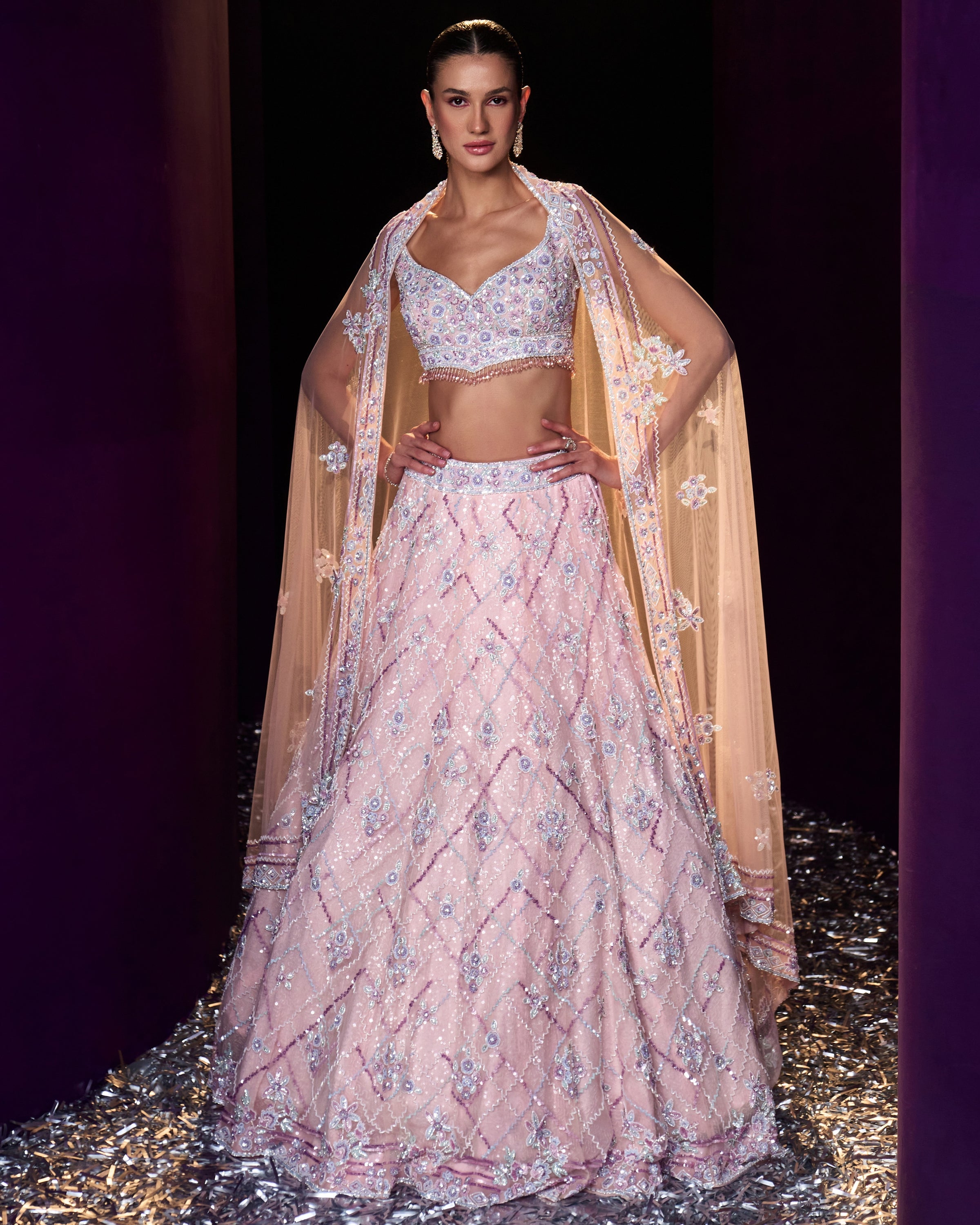 Pink Net Lehenga Set