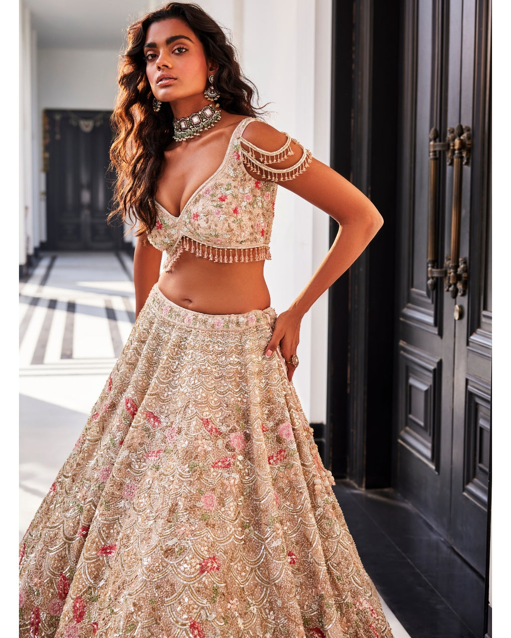 Golden Glitter Ivory Organza Embroidered Lehenga Set