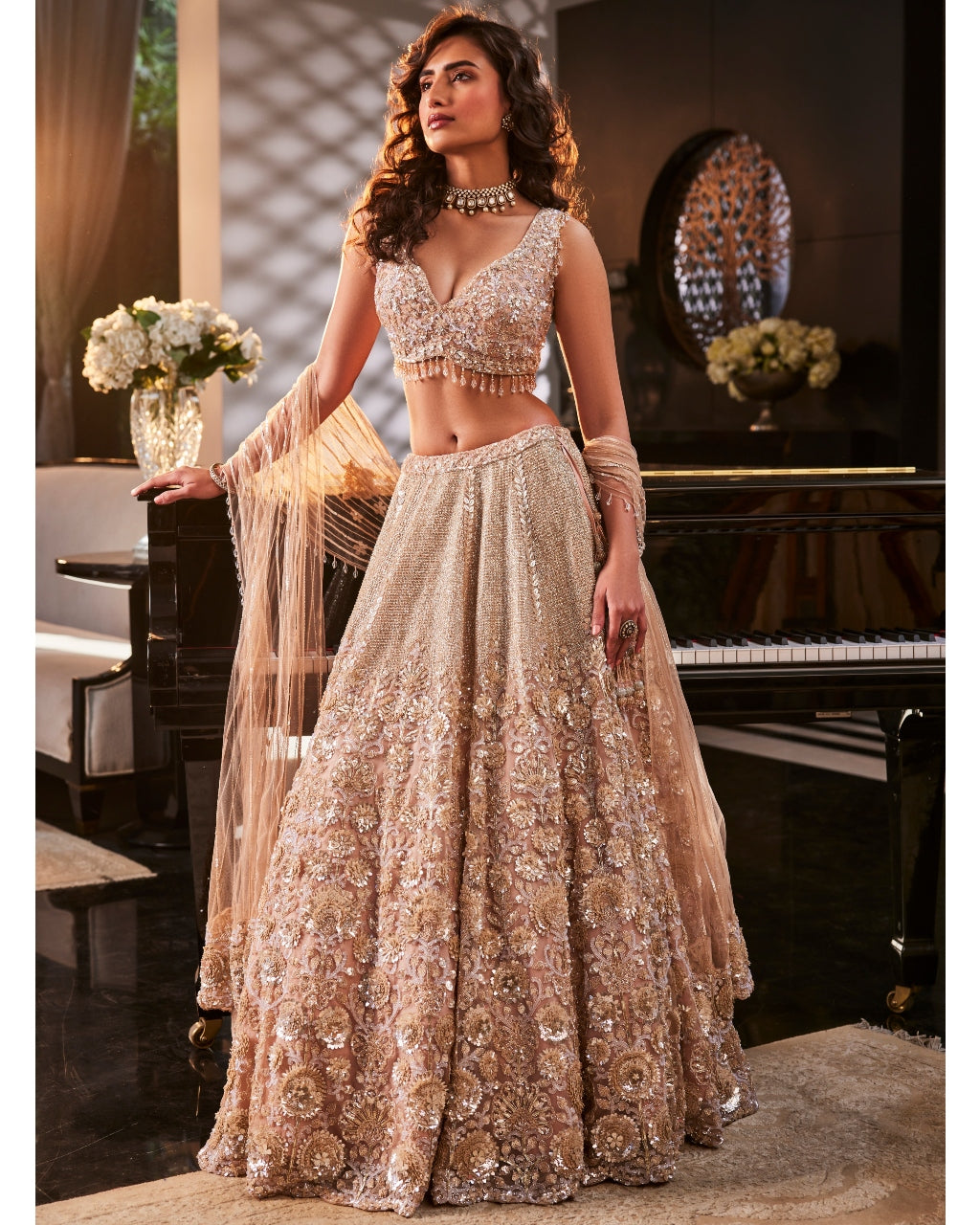 Peach Sparkle Embroidered Organza Lehenga Set