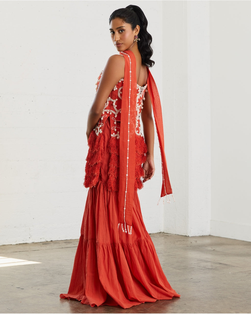 Rust Floret Pearl Embroidered Tunic With Sharara And Style Dupatta