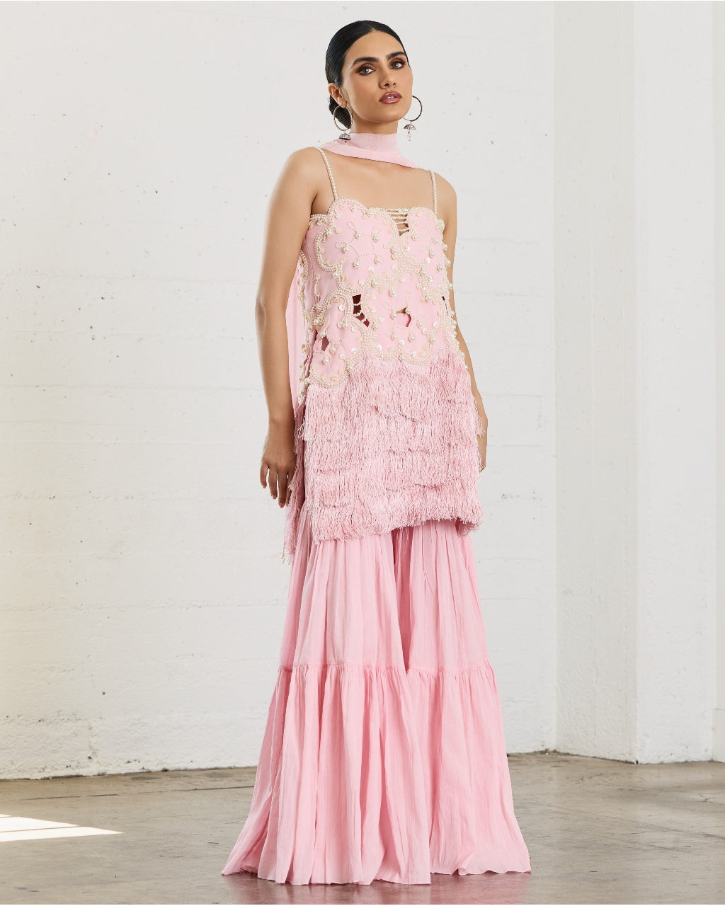 Pink Floret Pearl Embroidered Tunic With Sharara And Style Dupatta