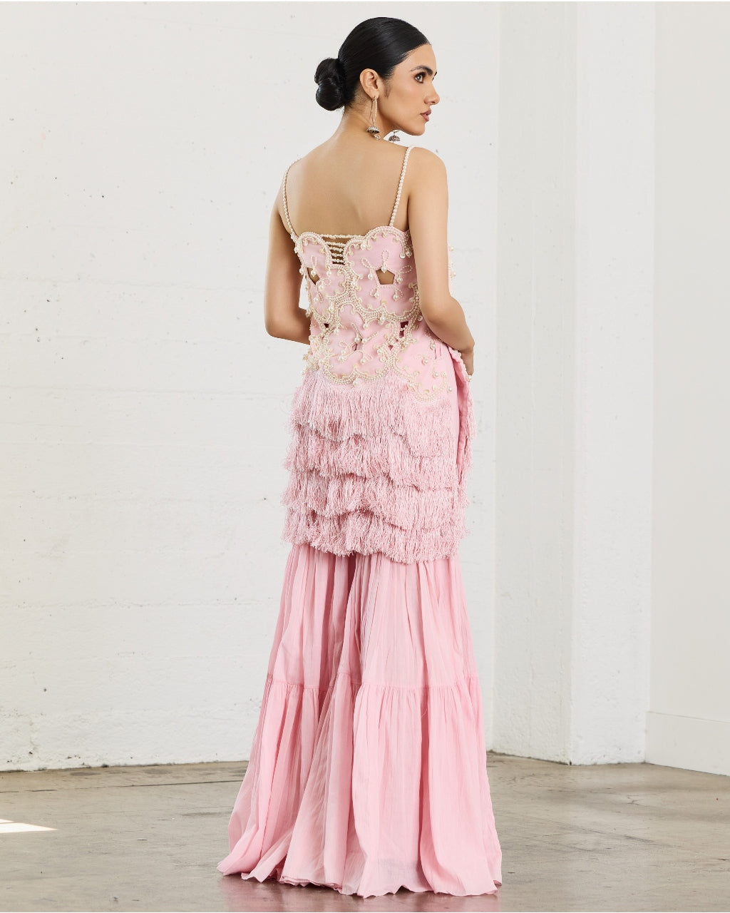 Pink Floret Pearl Embroidered Tunic With Sharara And Style Dupatta