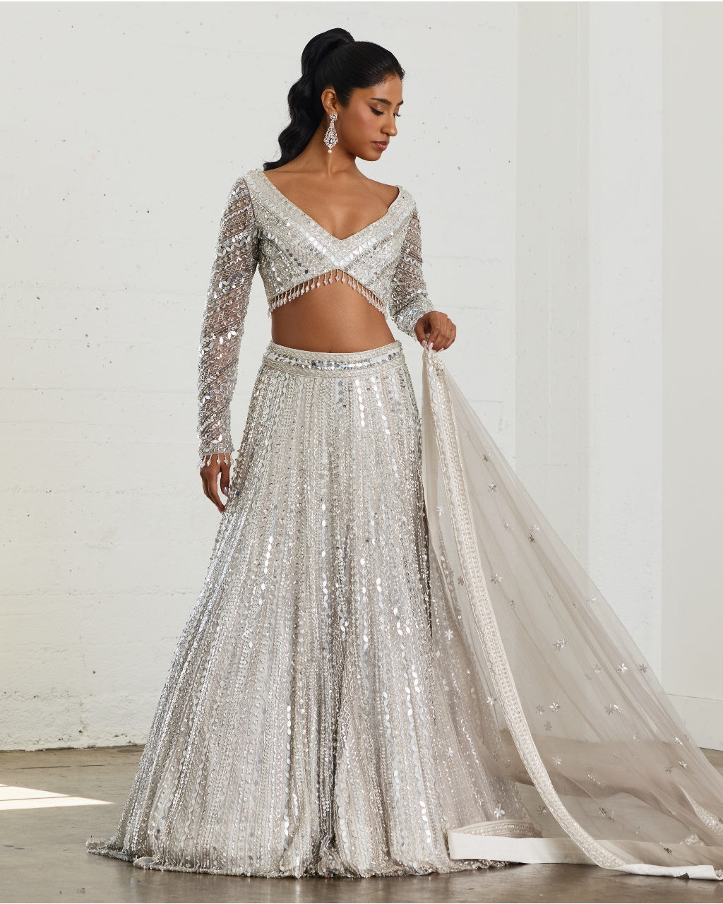 Grey Embellished Mirrorwork Lehenga Set