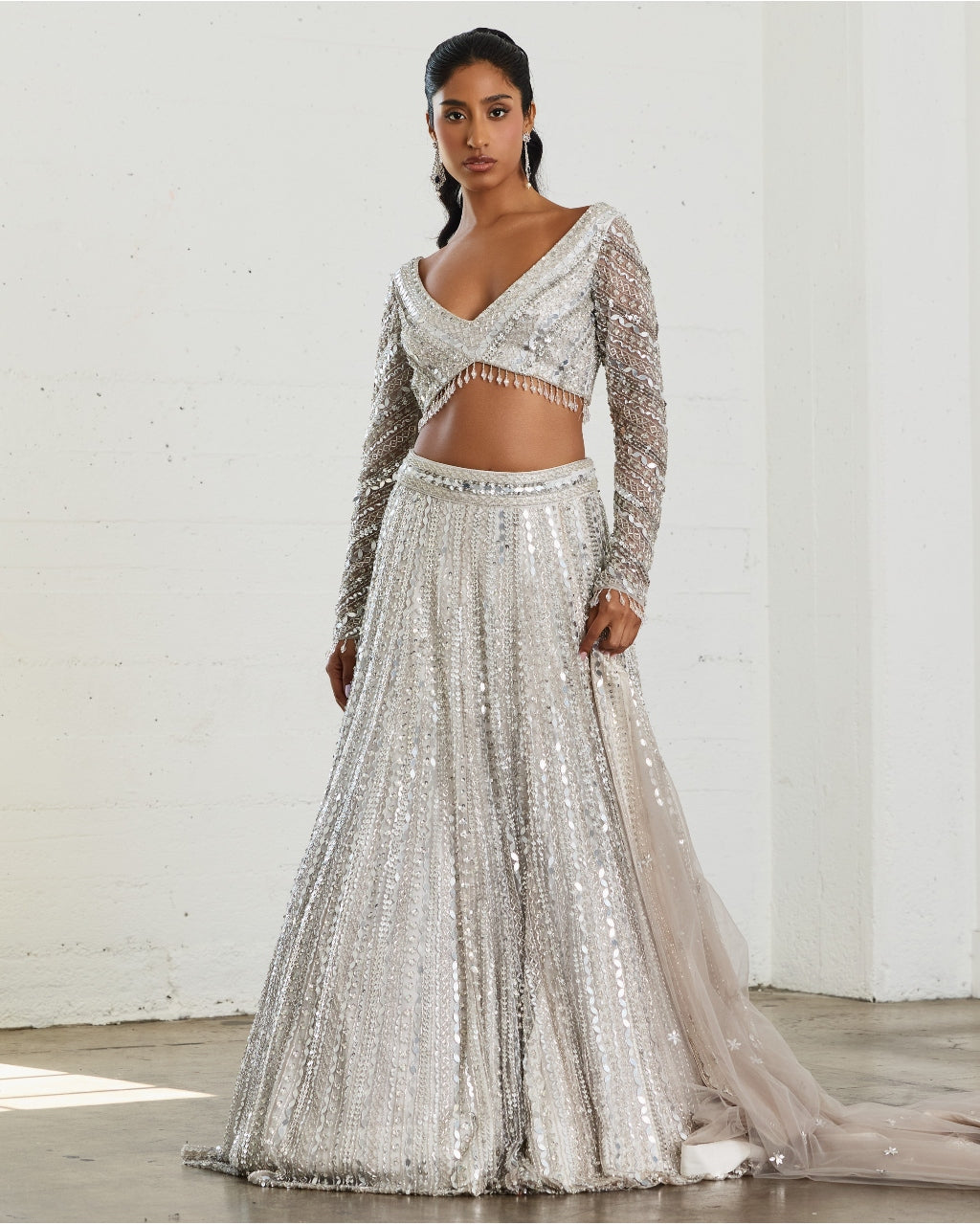 Grey Embellished Mirrorwork Lehenga Set